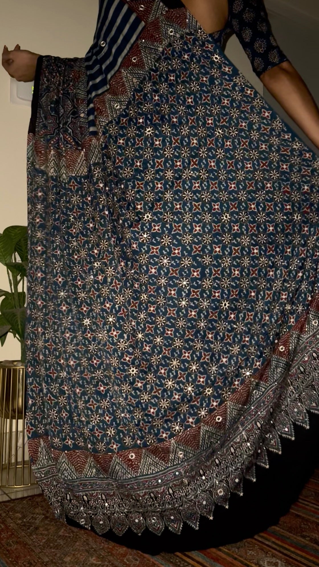INDIGO STARDUST - Pure Modal Ajrakh Hand Embroidered Saree