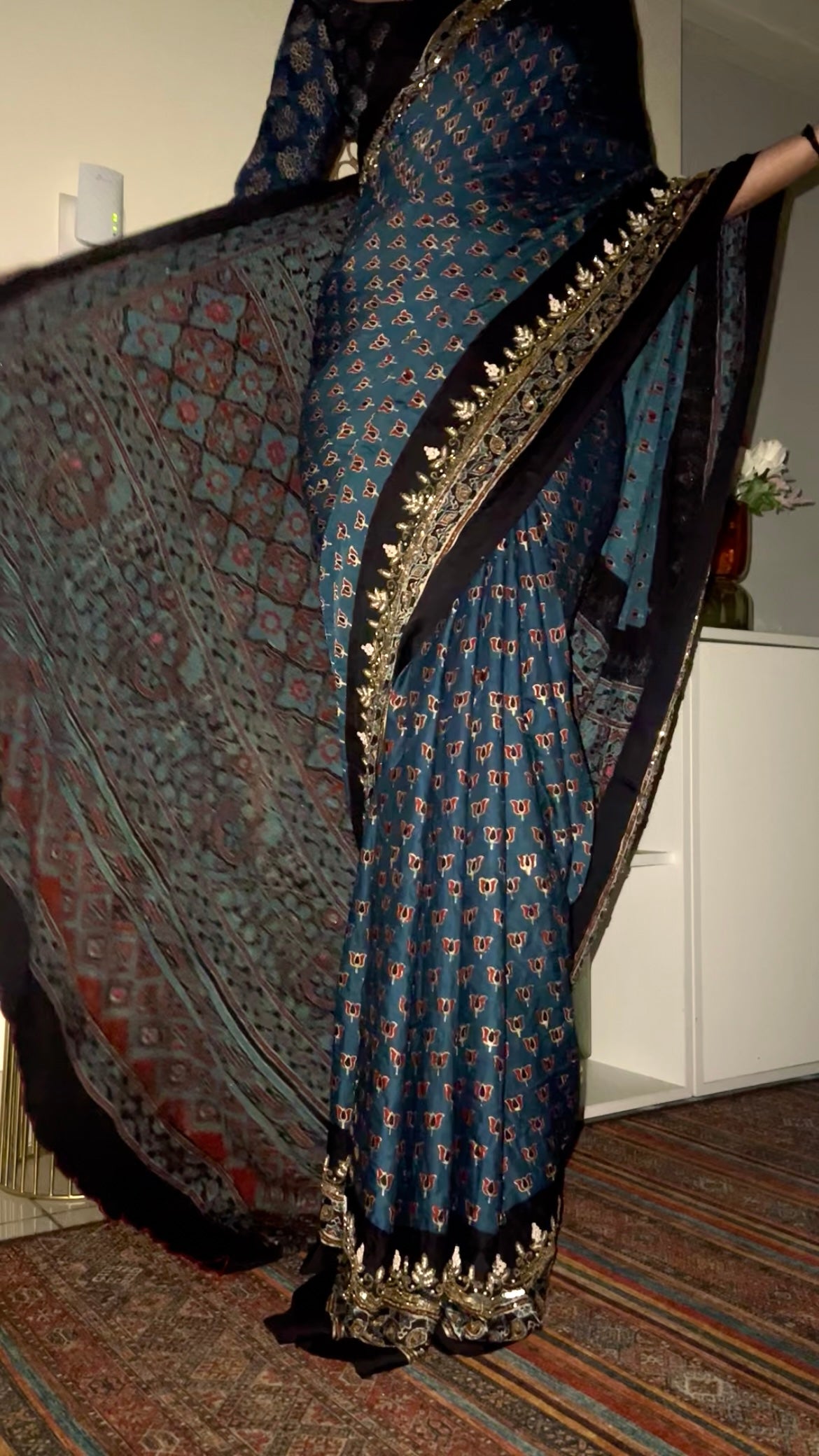 BLUE MEADOW - Pure Modal Ajrakh Hand Embroidered Saree