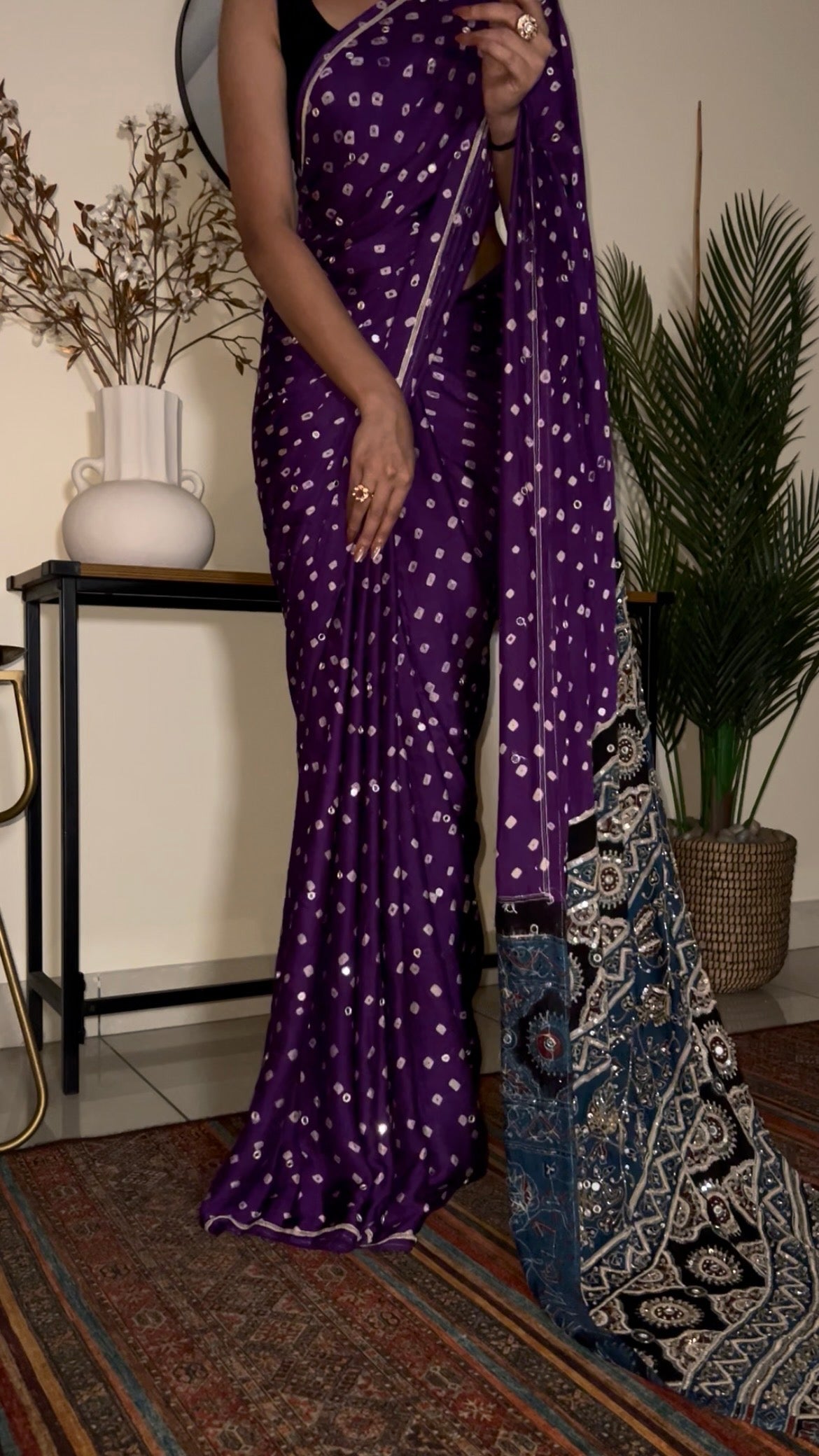 PURPLE ROYALE BANDHANI - Pure Modal Bandhani Ajrakh Hand Embroidered Saree