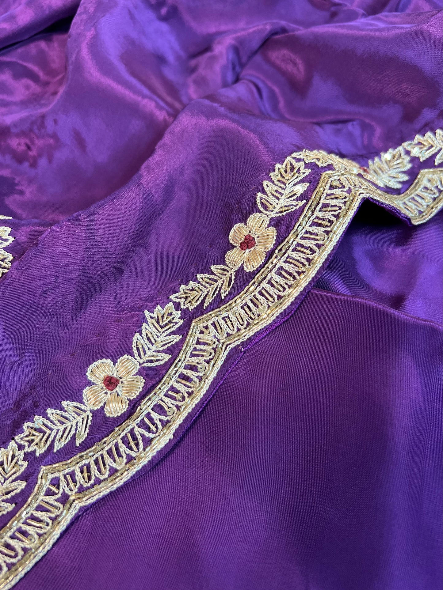 Purple Zardosi Embroidered Crepe Designer Saree with Unstitched Blouse