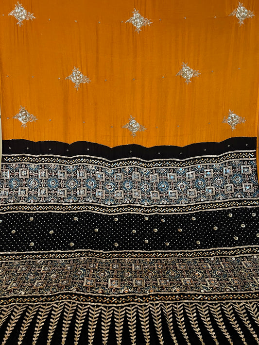 GOLDEN ROSE - Pure Modal Ajrakh Hand Embroidered Saree