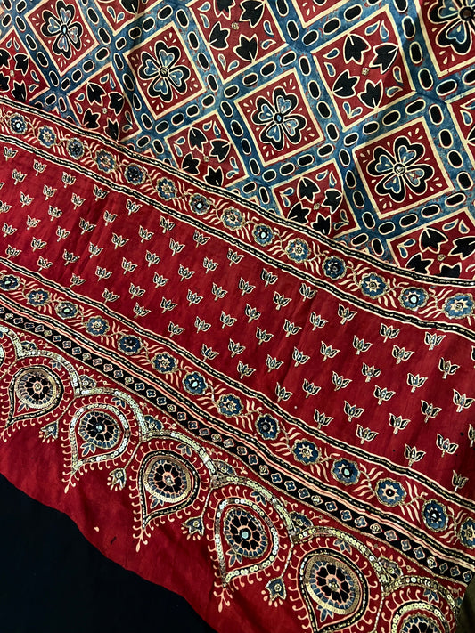 CRIMSON JEWEL DUPATTA - Pure Modal Ajrakh Hand Embroidered Dupatta
