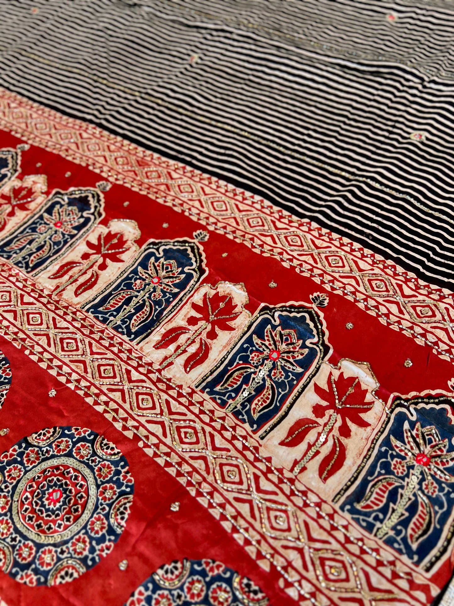 Heritage Stripes - Pure Modal Ajrakh Hand Embroidered Saree