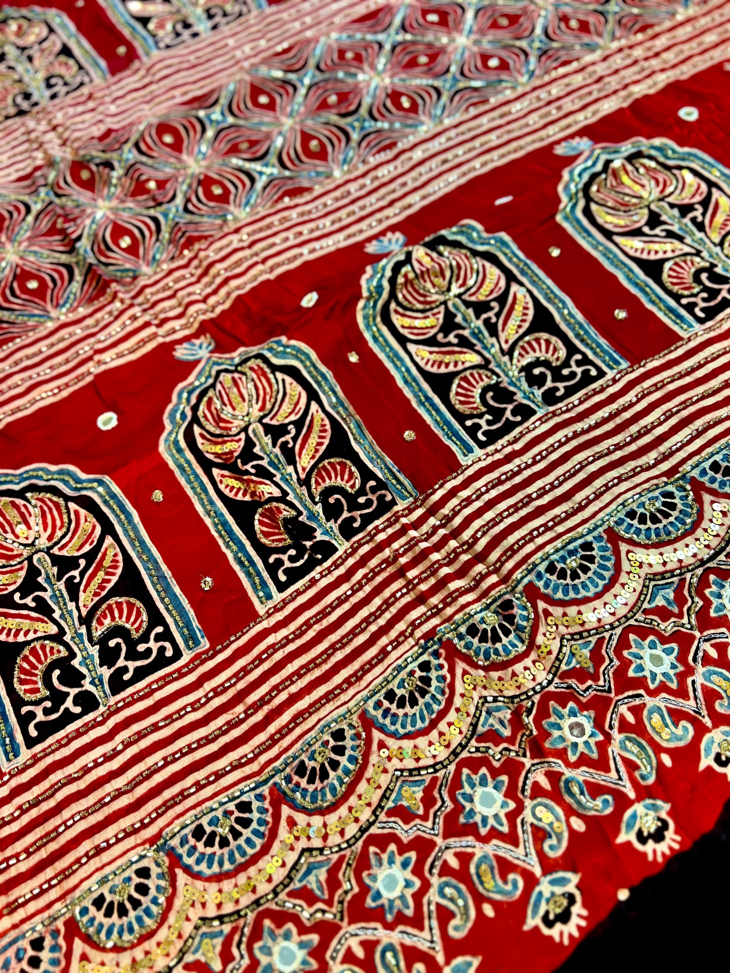 CRIMSON BLOOM - - Pure Modal Ajrakh Hand Embroidered Saree