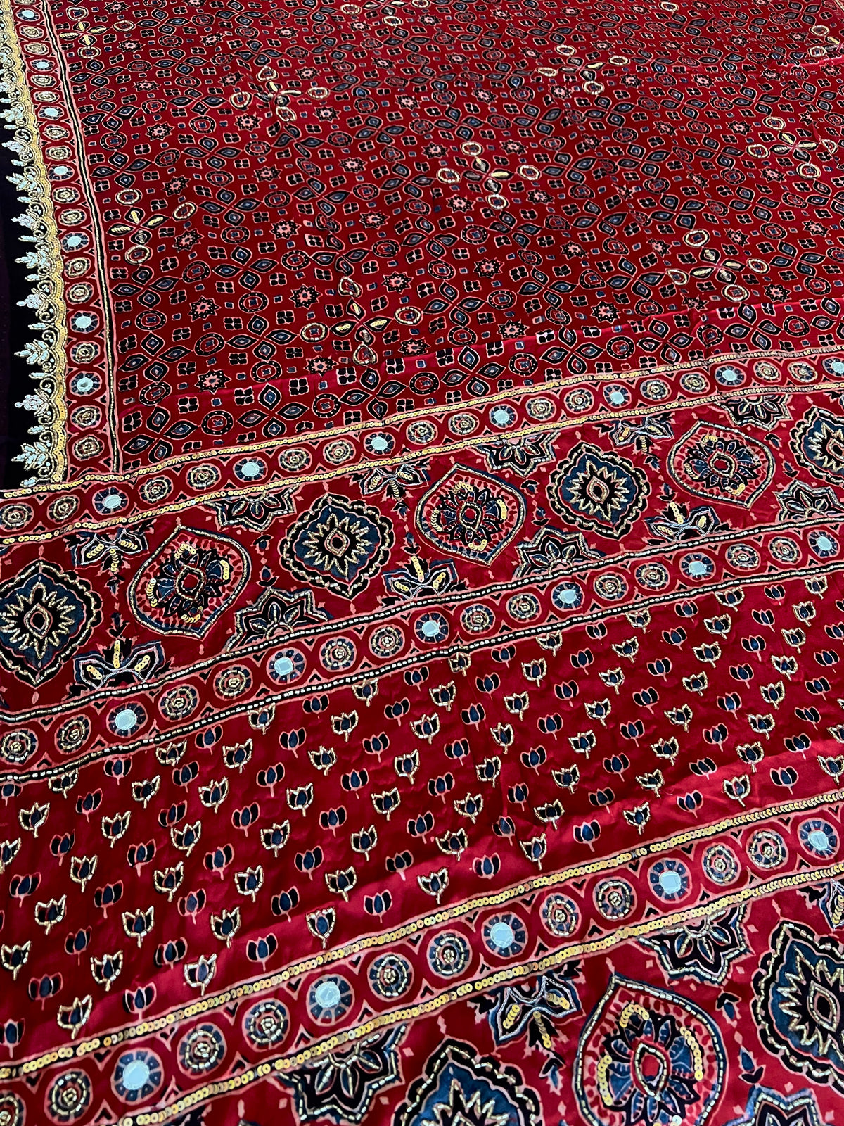 CRIMSON STARDUST - Pure Modal Ajrakh Hand Embroidered Saree