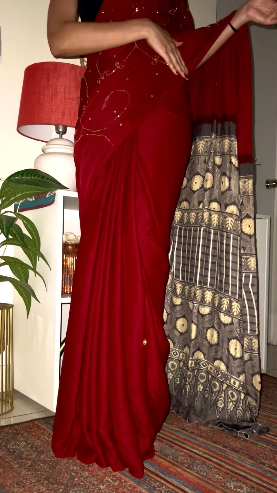RUBY SPARKLE - Pure Modal Ajrakh Hand Embroidered Saree