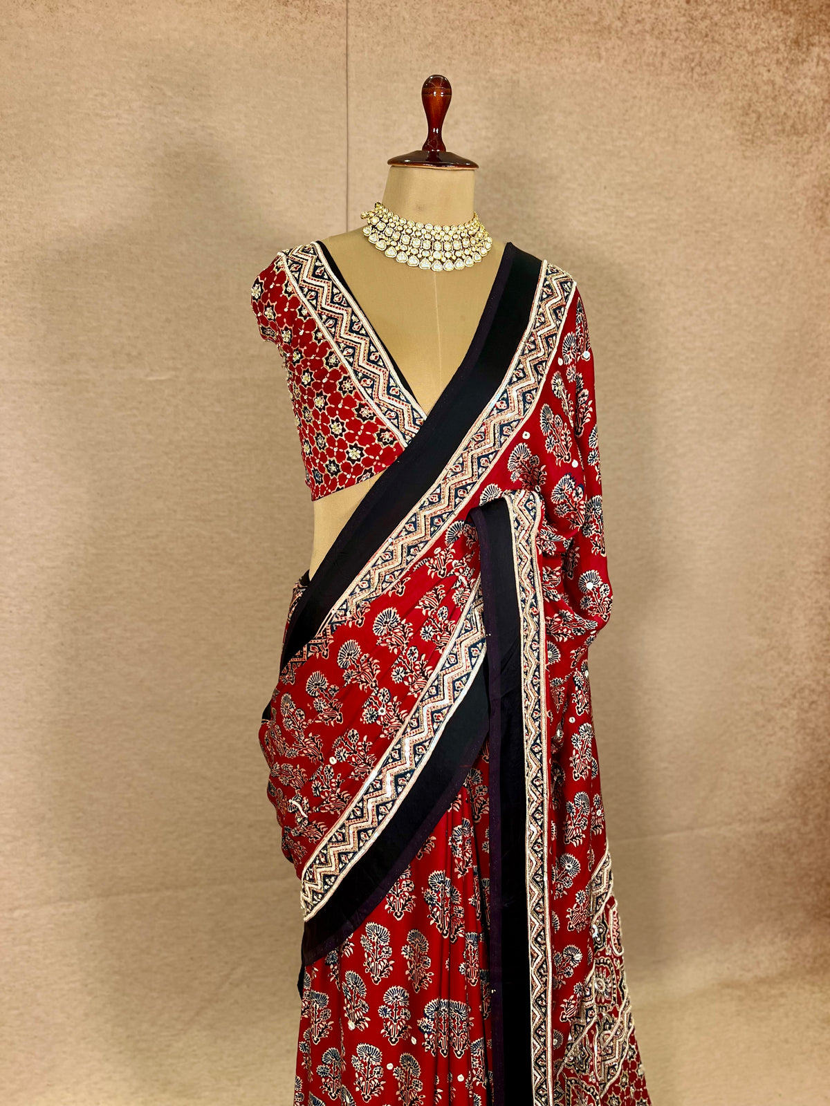PASSION BLOOM - Pure Modal Ajrakh Hand Embroidered Saree