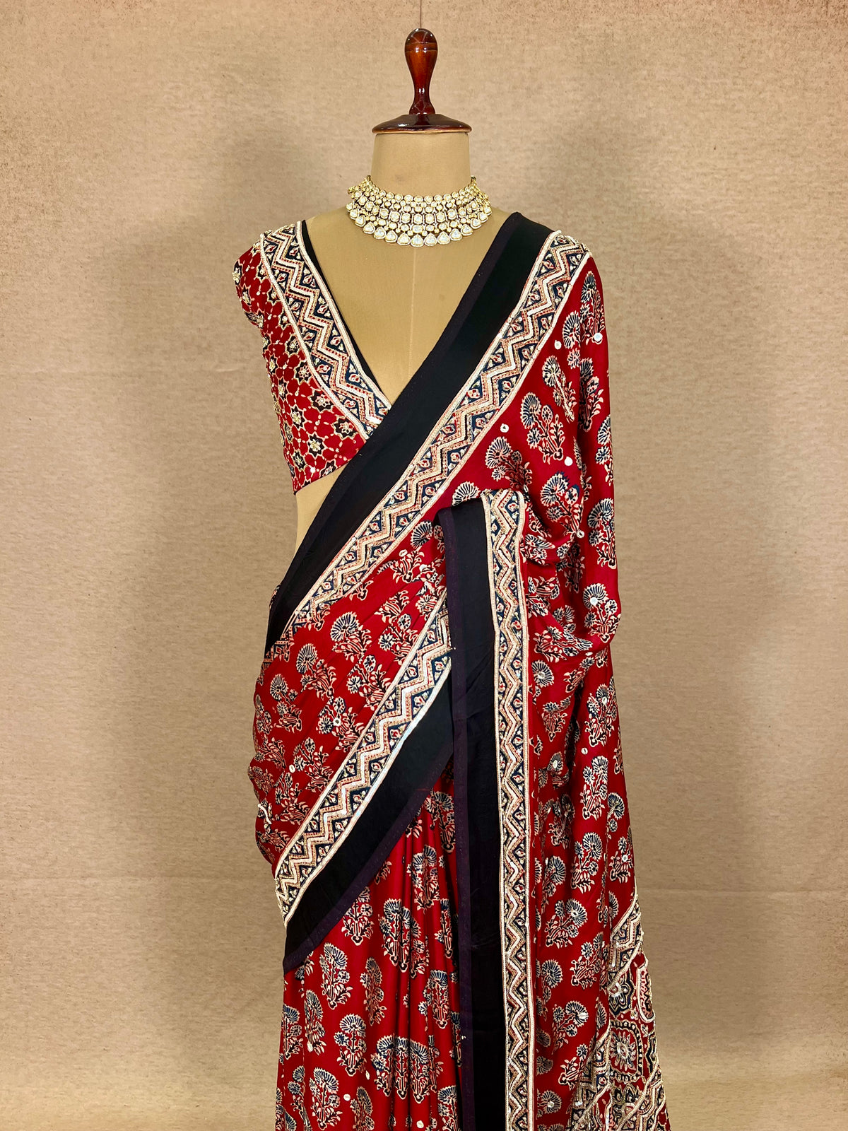 PASSION BLOOM - Pure Modal Ajrakh Hand Embroidered Saree