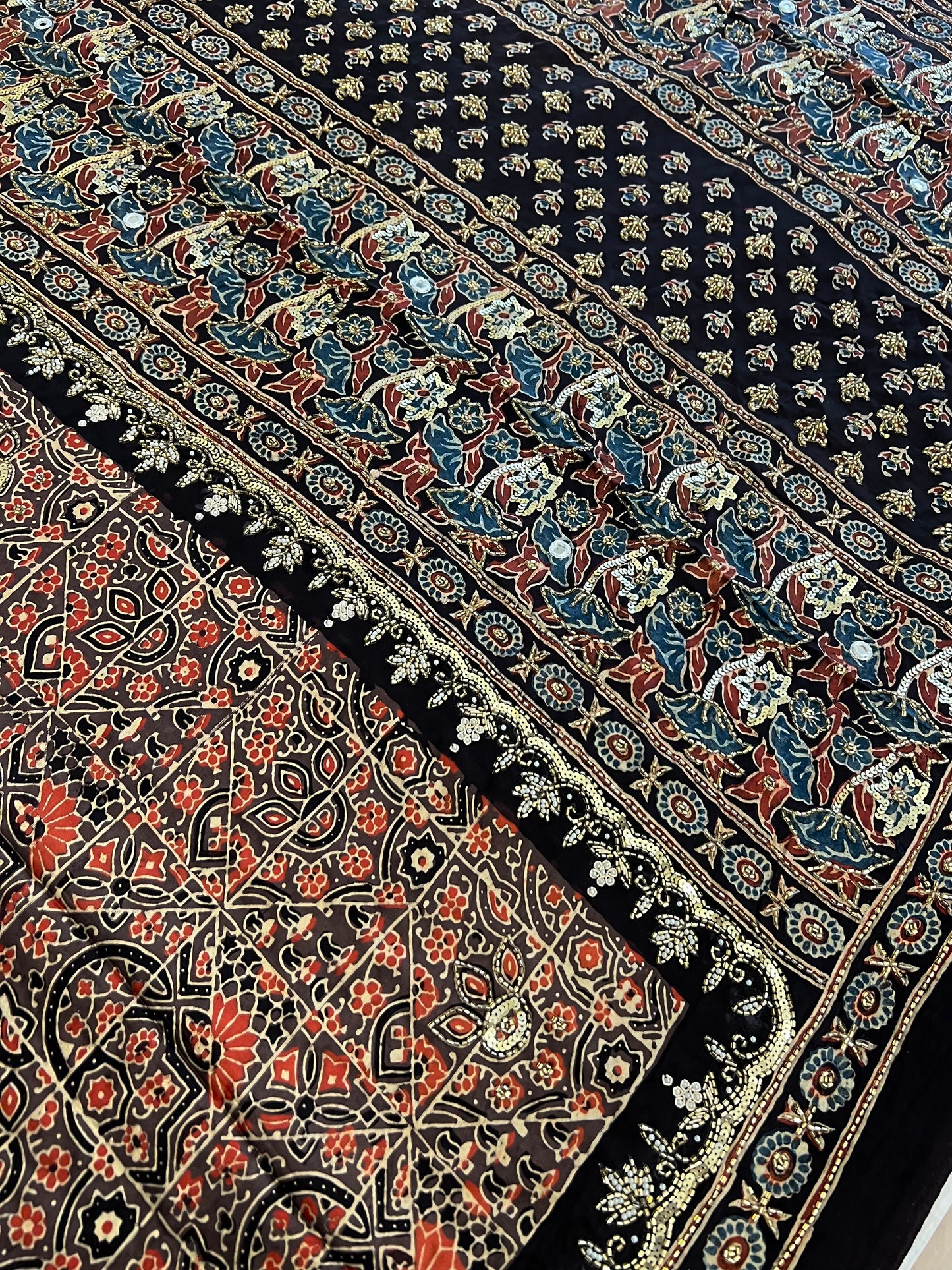 BURNT COFFEE - Pure Modal Ajrakh Hand Embroidered Saree
