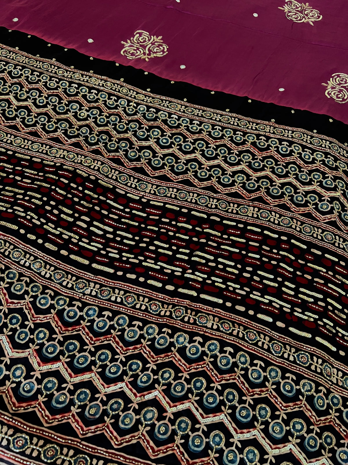 DUSTY PLUM ROSE - Pure Modal Ajrakh Hand Embroidered Saree