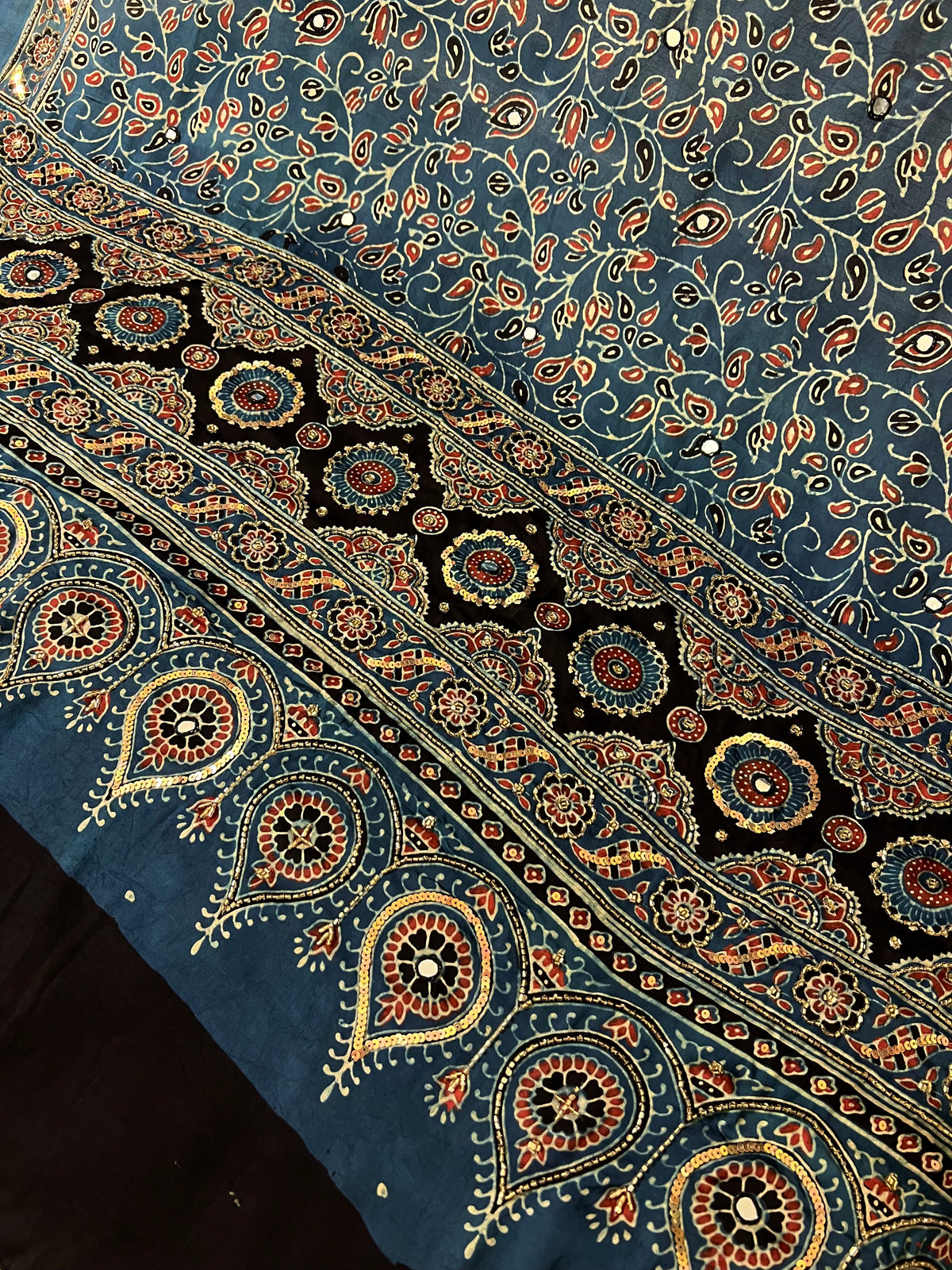 INDIGO BLOOM DUPATTA - Pure Modal Ajrakh Hand Embroidered Dupatta
