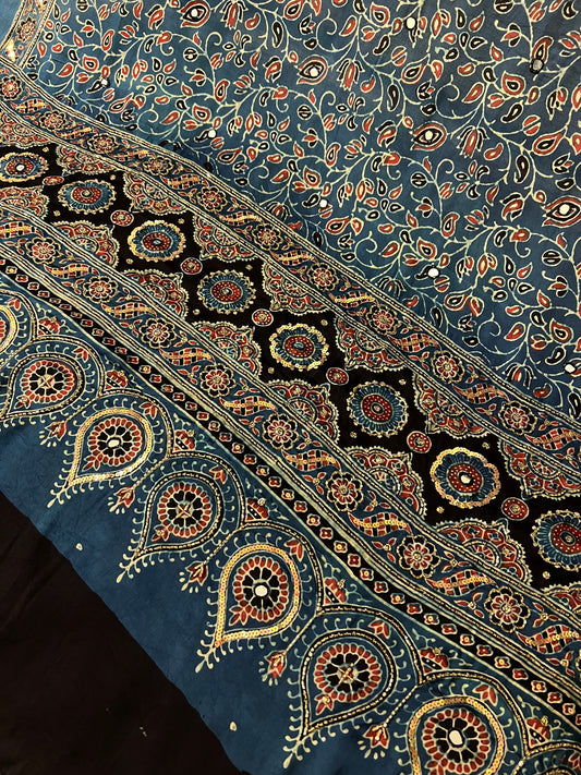INDIGO BLOOM DUPATTA - Pure Modal Ajrakh Hand Embroidered Dupatta