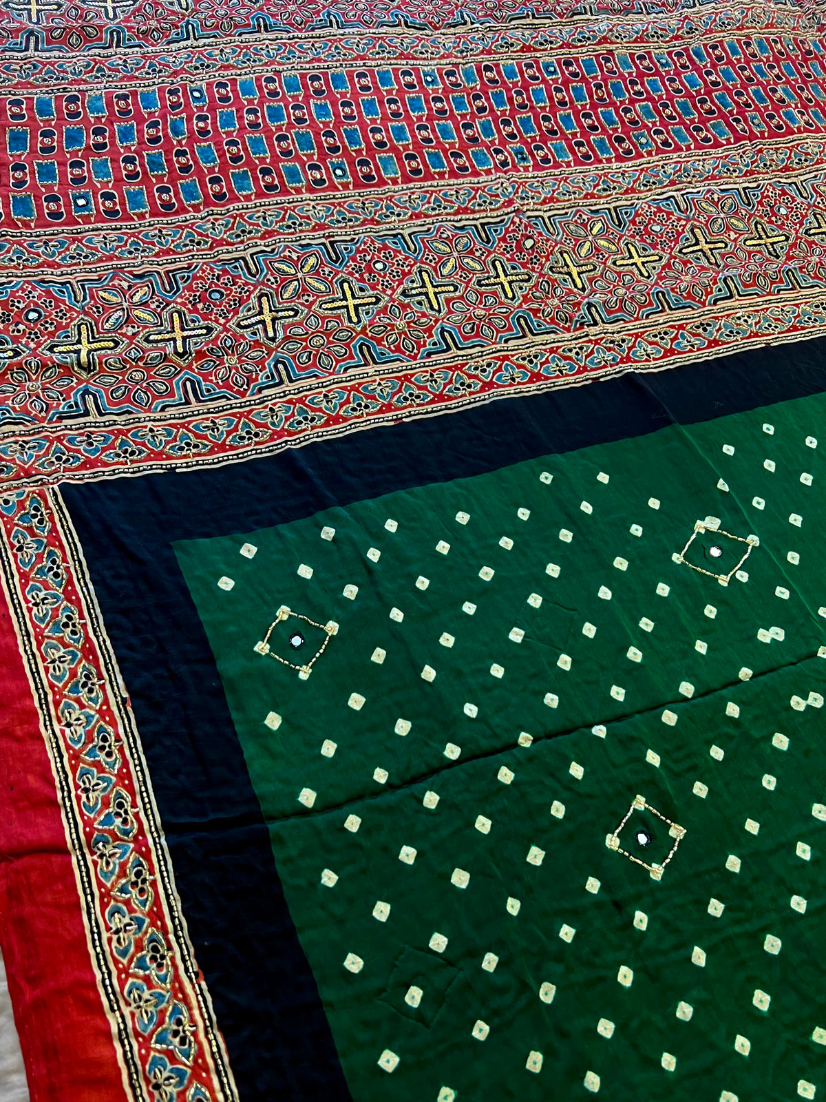 GREEN GRANDEUR - Pure Modal Bandhani Ajrakh Hand Embroidered Saree