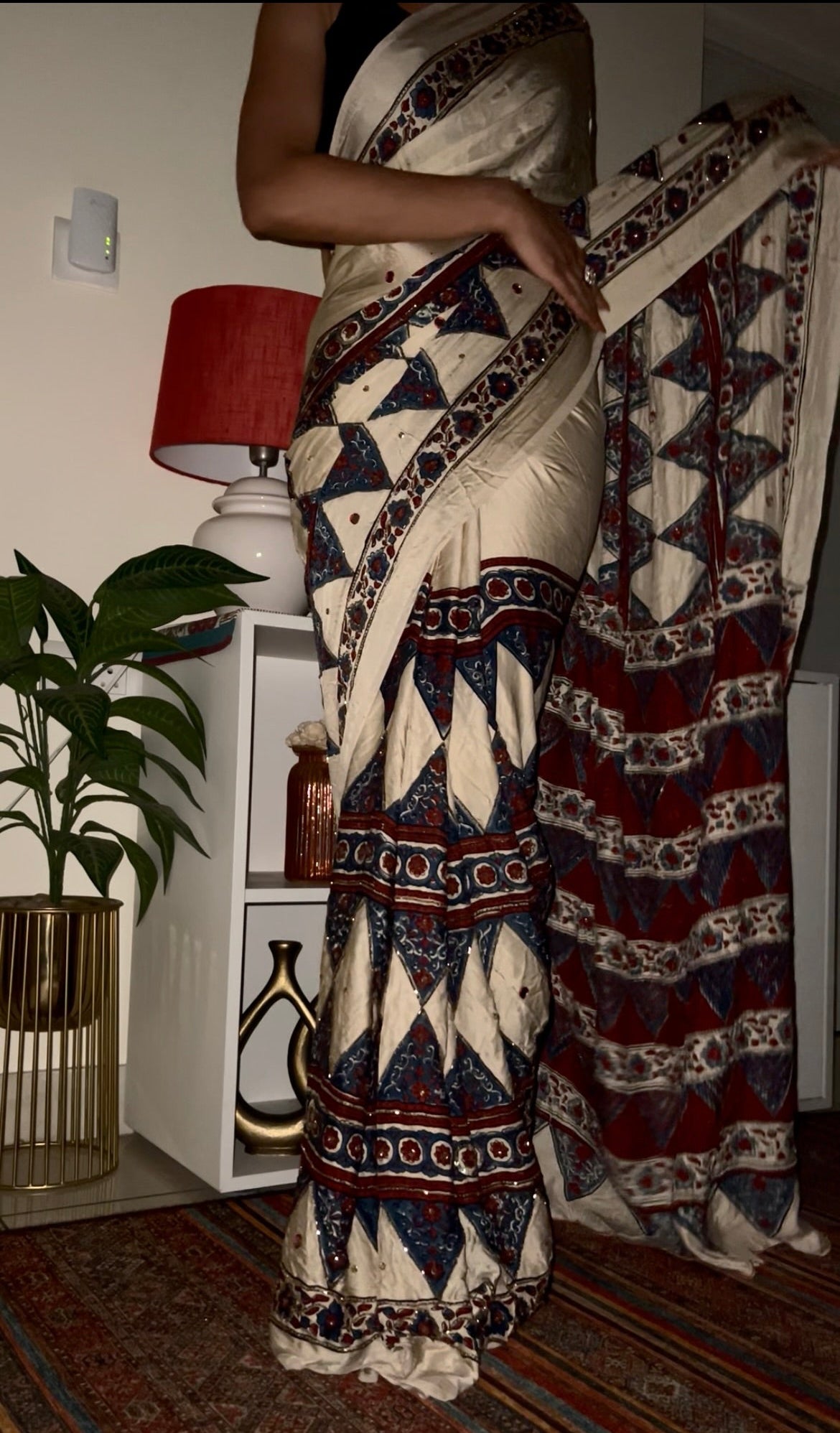 Ivory Heritage - Pure Modal Ajrakh Hand Embroidered Saree