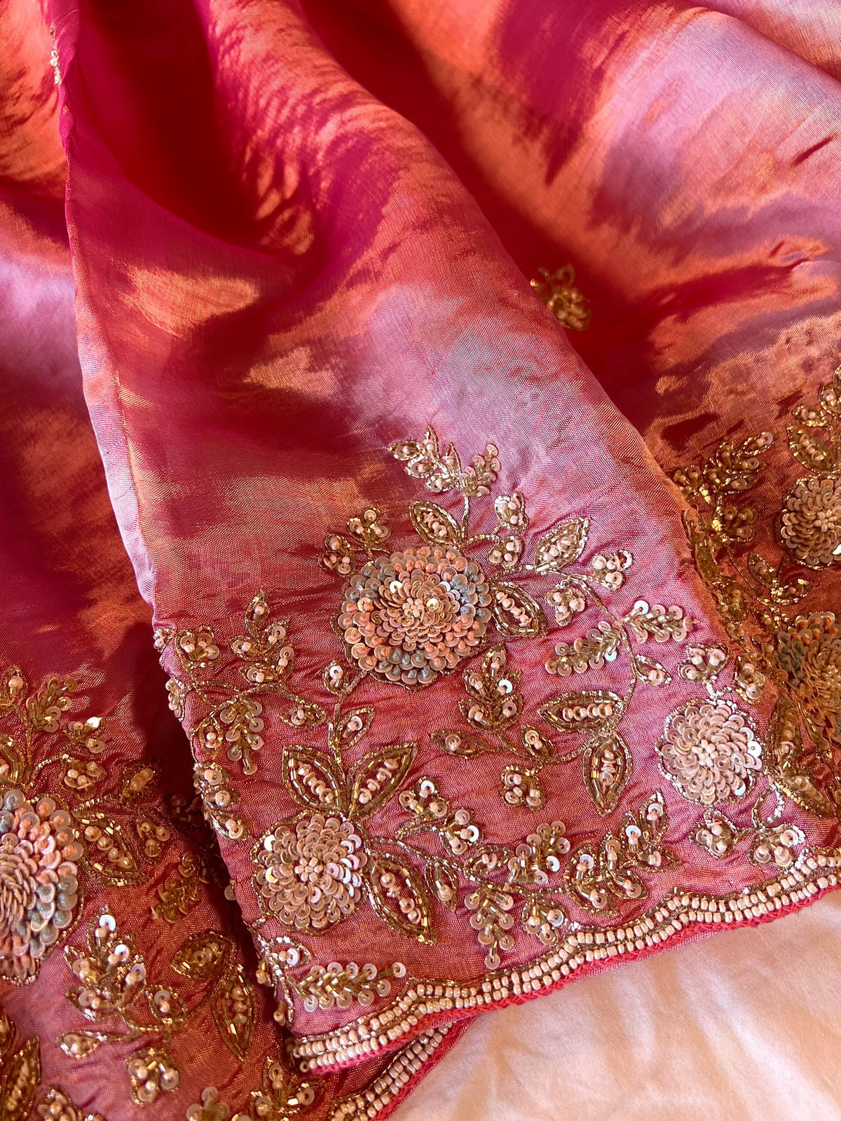 SHABNAM - Pure Chinnon Satin Zardosi Pitta Hand Embroidered Saree