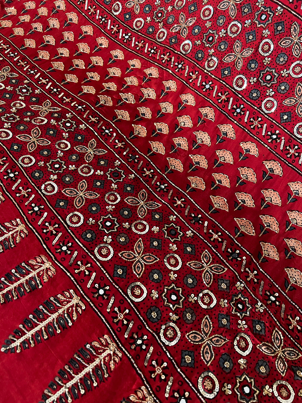 ASTRAL ROSE - Pure Modal Ajrakh Hand Embroidered Saree