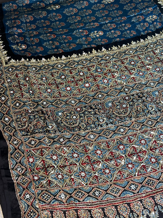 Royal Bloom - Pure Modal Ajrakh Hand Embroidered Saree