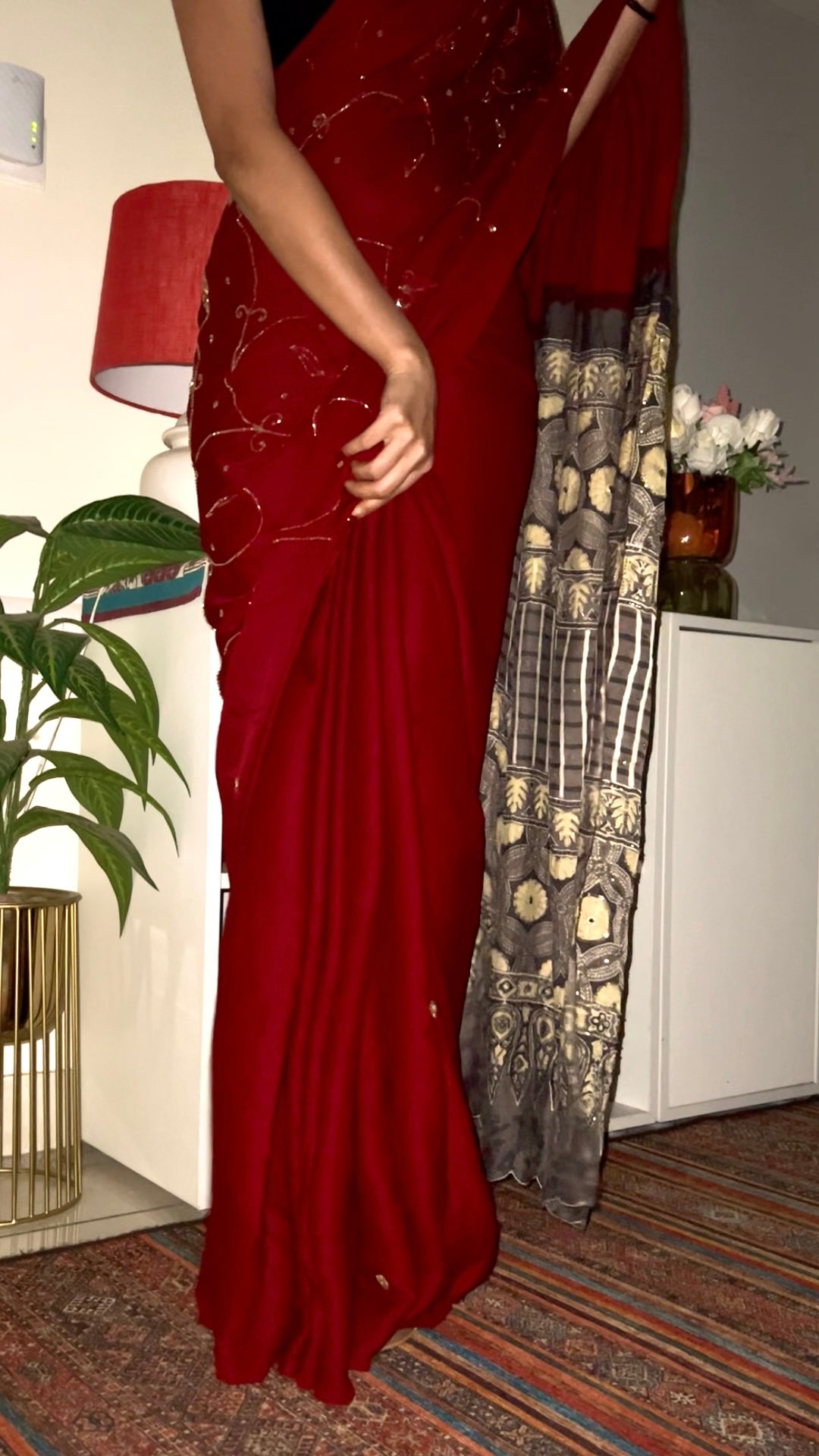 RUBY SPARKLE - Pure Modal Ajrakh Hand Embroidered Saree