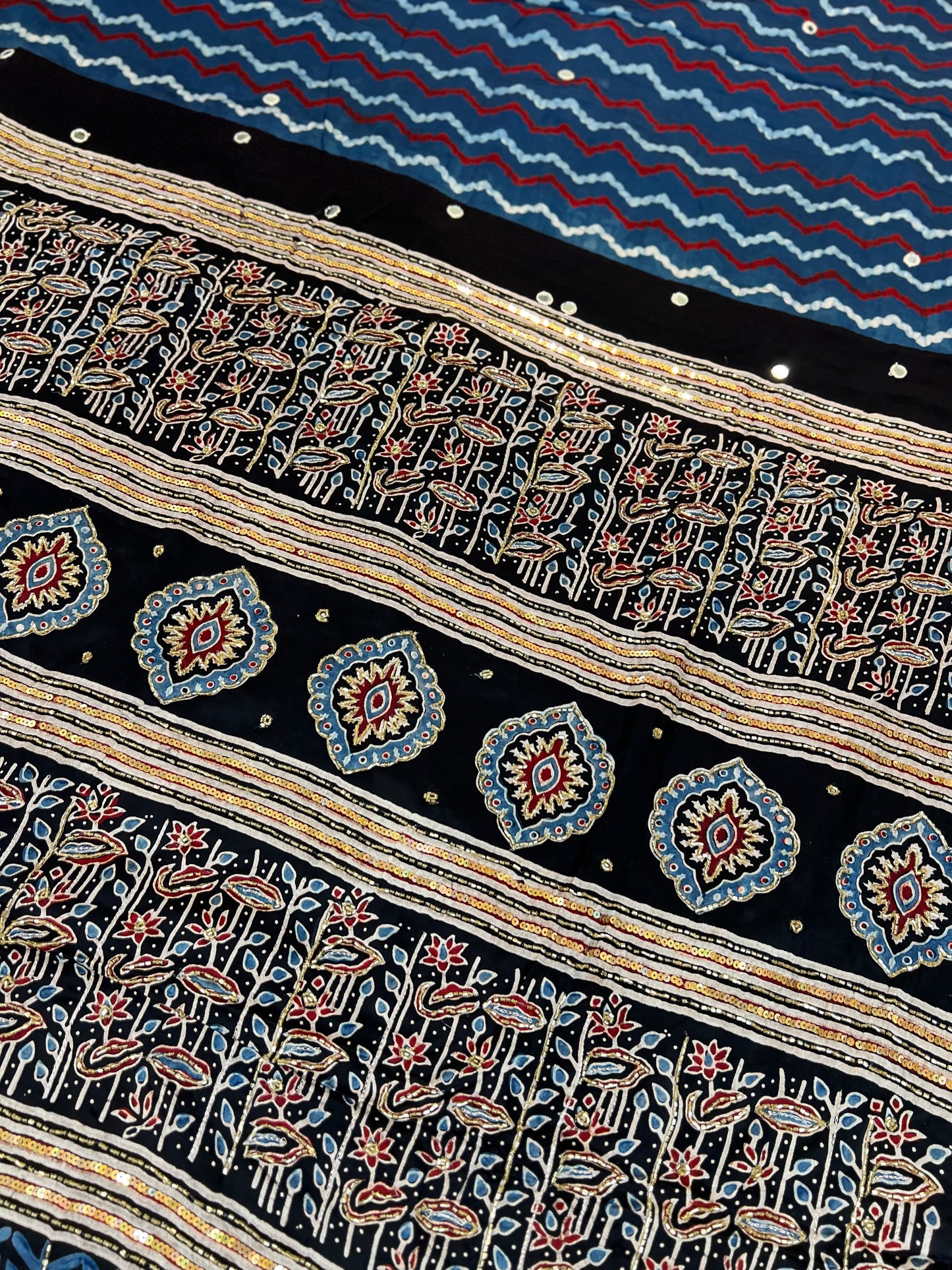 BLUE MIRAGE - Pure Modal Ajrakh Hand Embroidered Saree