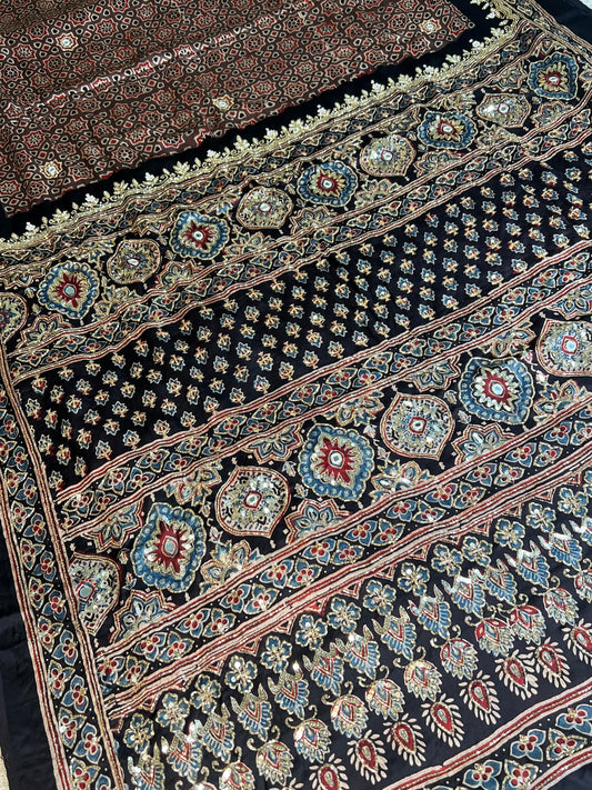Muted Mocha - Pure Modal Ajrakh Hand Embroidered Saree