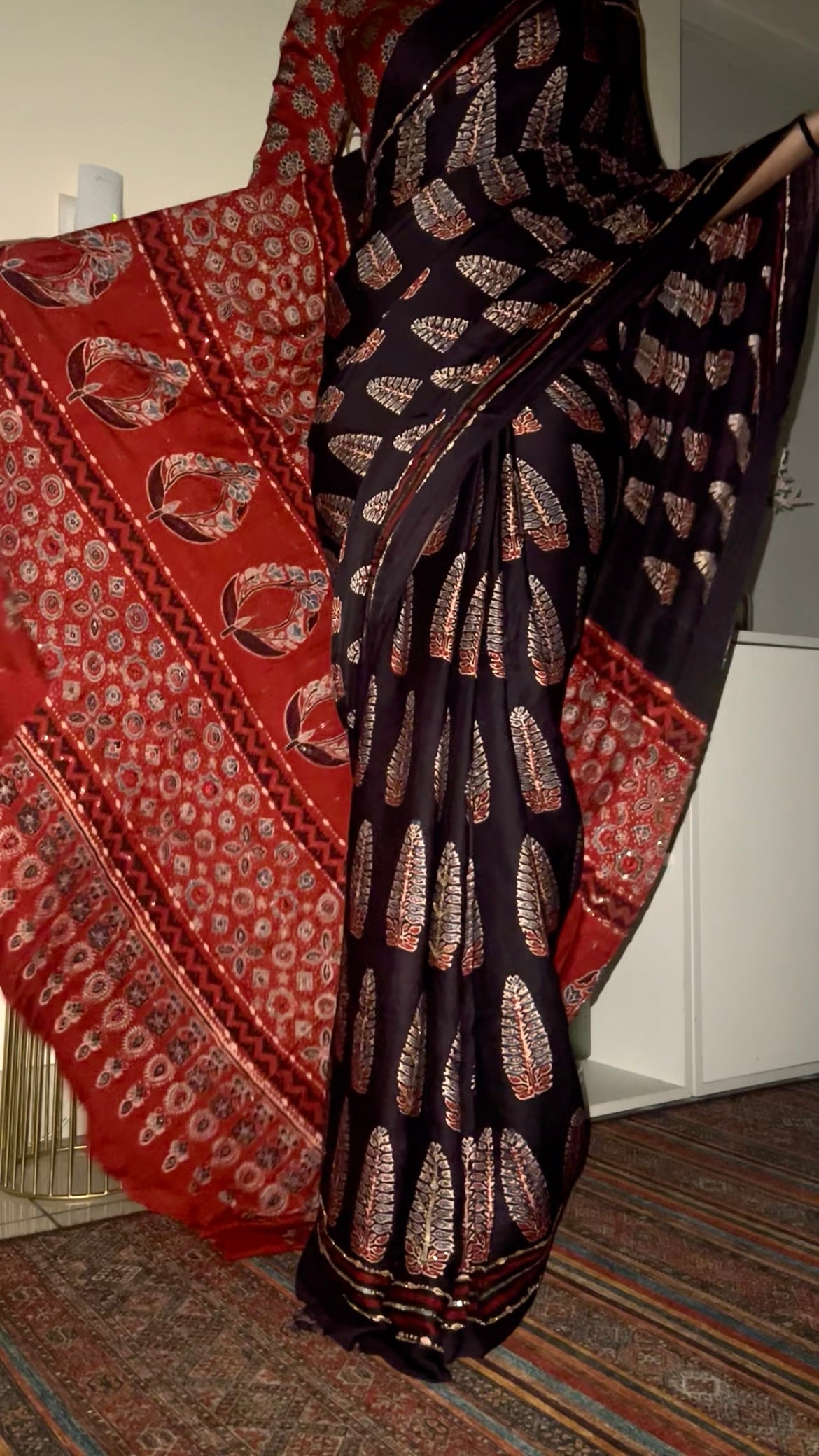 CRIMSON ECLIPSE - Pure Modal Ajrakh Hand Embroidered Saree