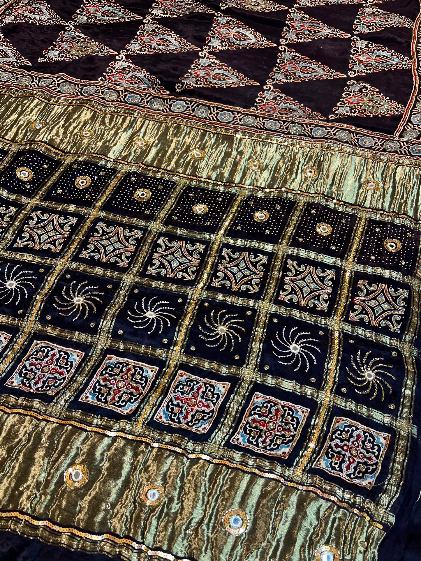 REGAL BLACK - Pure Modal Ajrakh Hand Embroidered Saree
