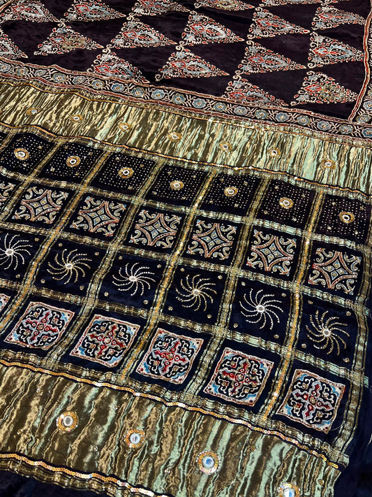 REGAL BLACK - Pure Modal Ajrakh Hand Embroidered Saree