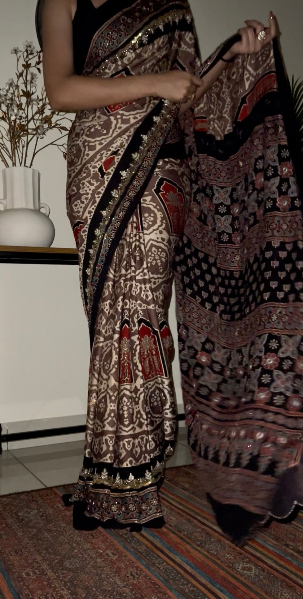OPAL DREAM - Pure Modal Ajrakh Hand Embroidered Saree