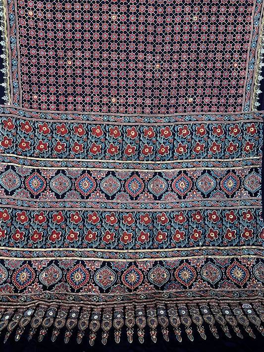BURNT CHESTNUT - Pure Modal Ajrakh Hand Embroidered Saree