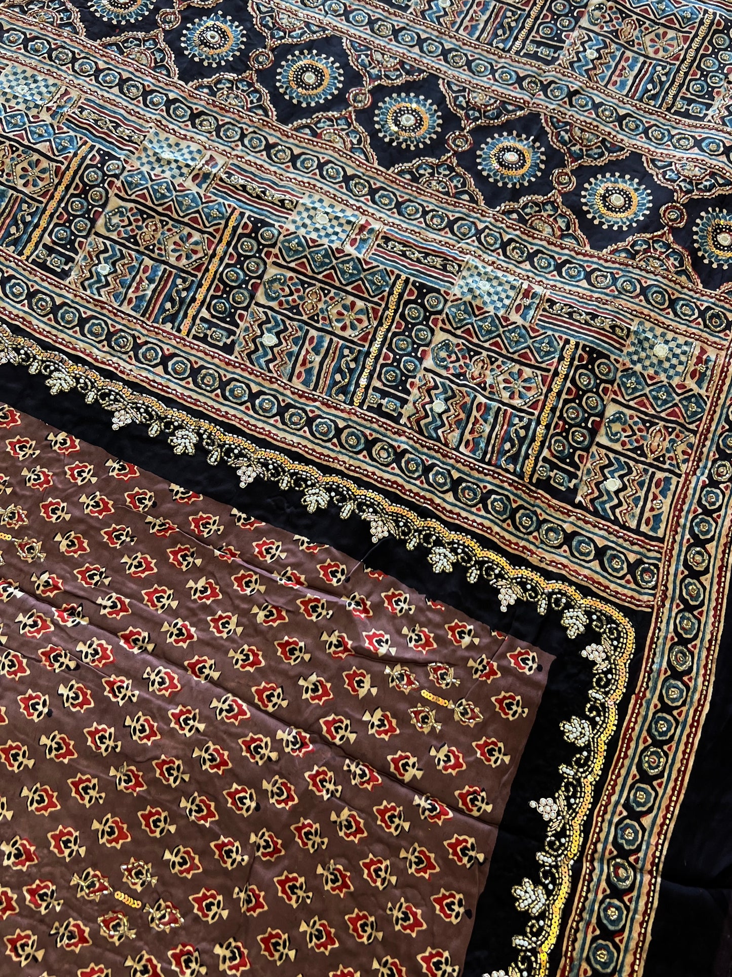 COCOA DREAM - Pure Modal Ajrakh Hand Embroidered Saree