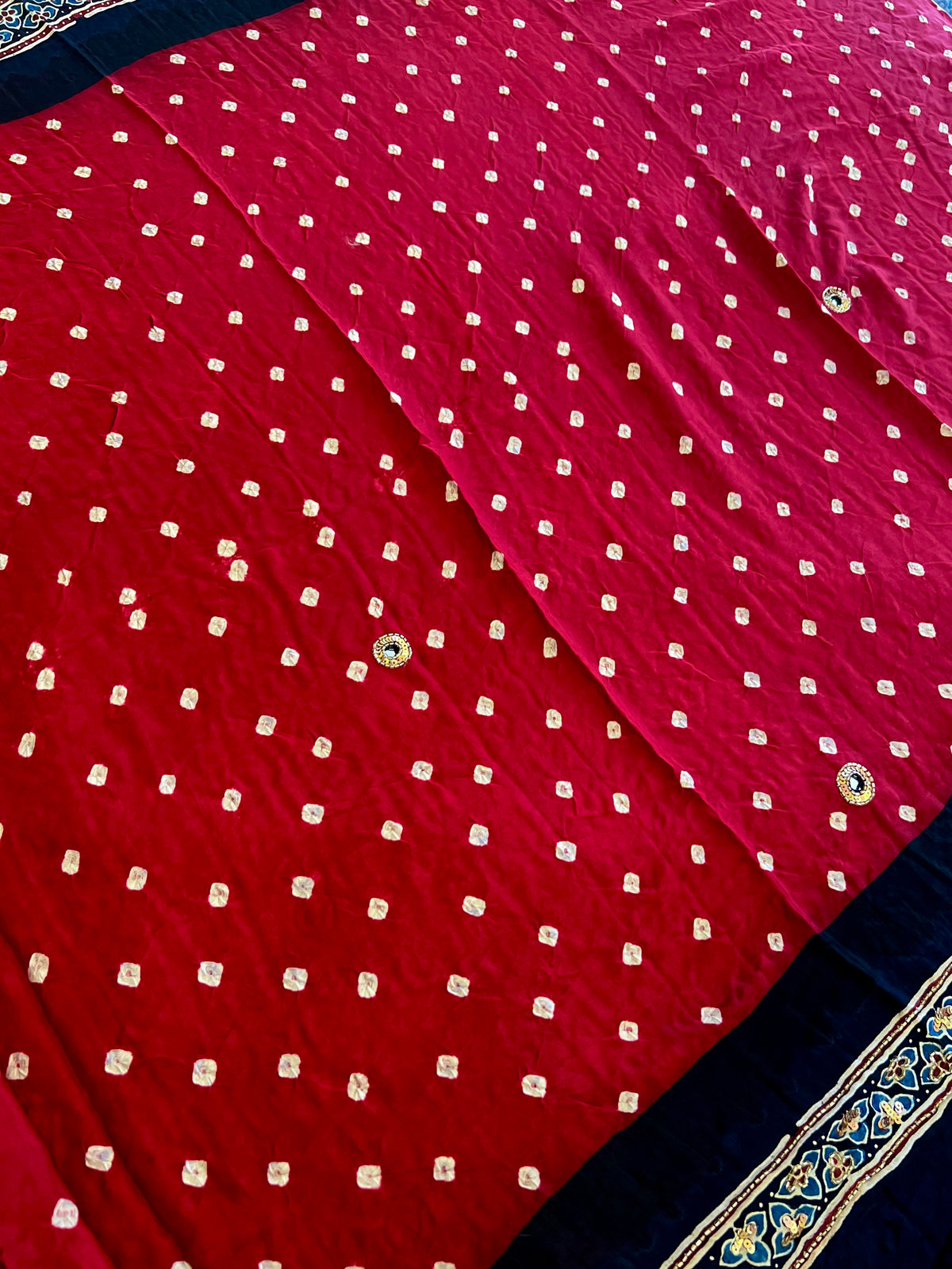 RED GRANDEUR - Pure Modal Bandhani Ajrakh Hand Embroidered Saree