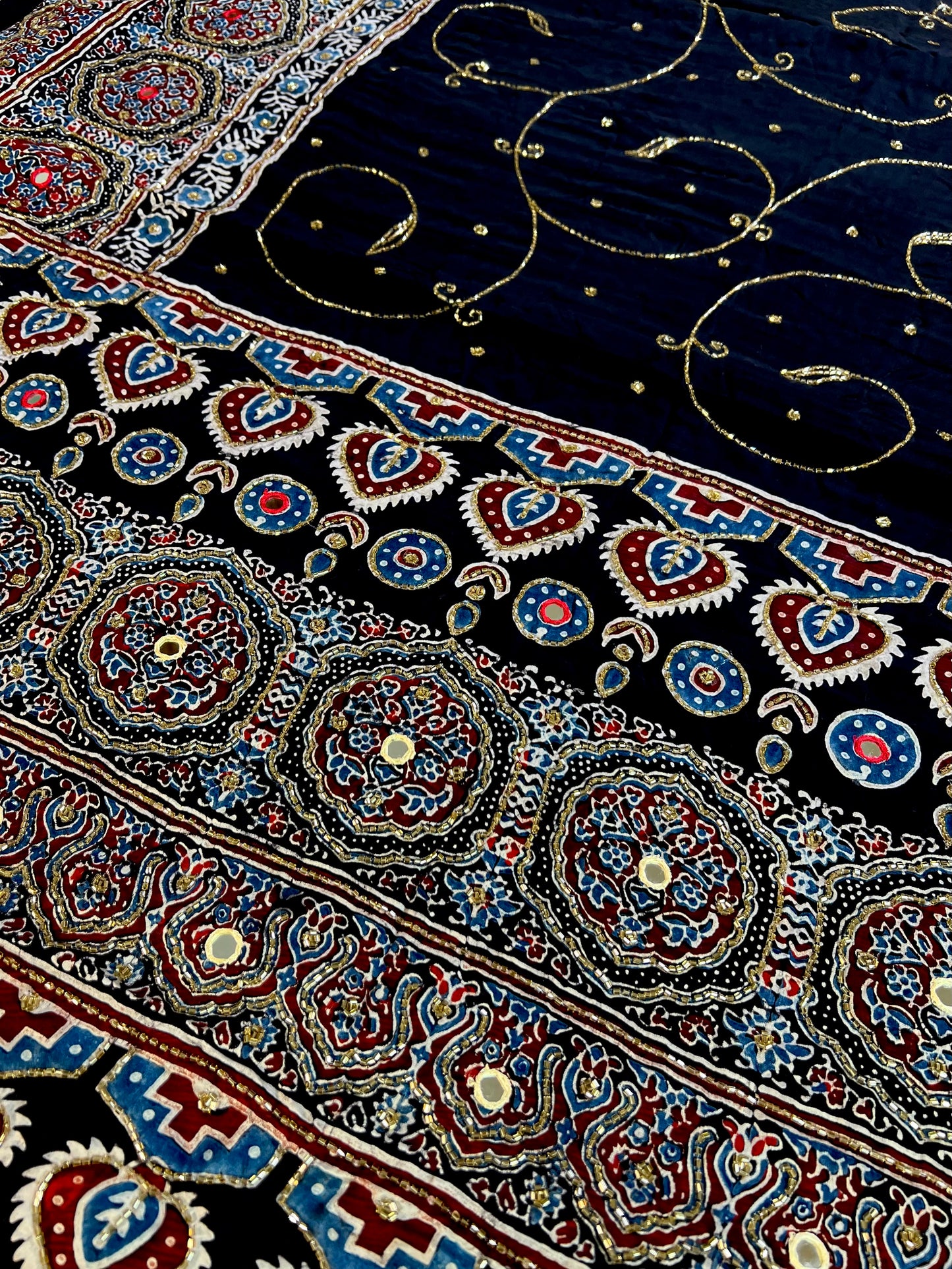 MIDNIGHT SHIMMER - Pure Modal Ajrakh Hand Embroidered Saree