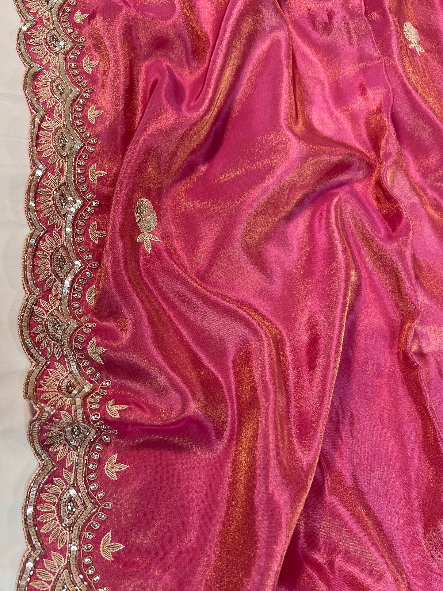 Pink Zardosi Embroidered Tissue Designer Saree with Unstitched Blouse