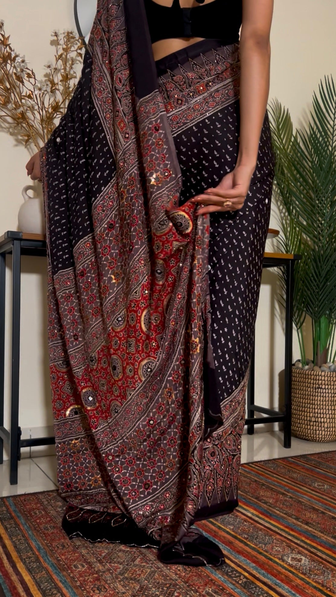 VELVET TRUFFLE - Pure Modal Ajrakh Hand Embroidered Saree