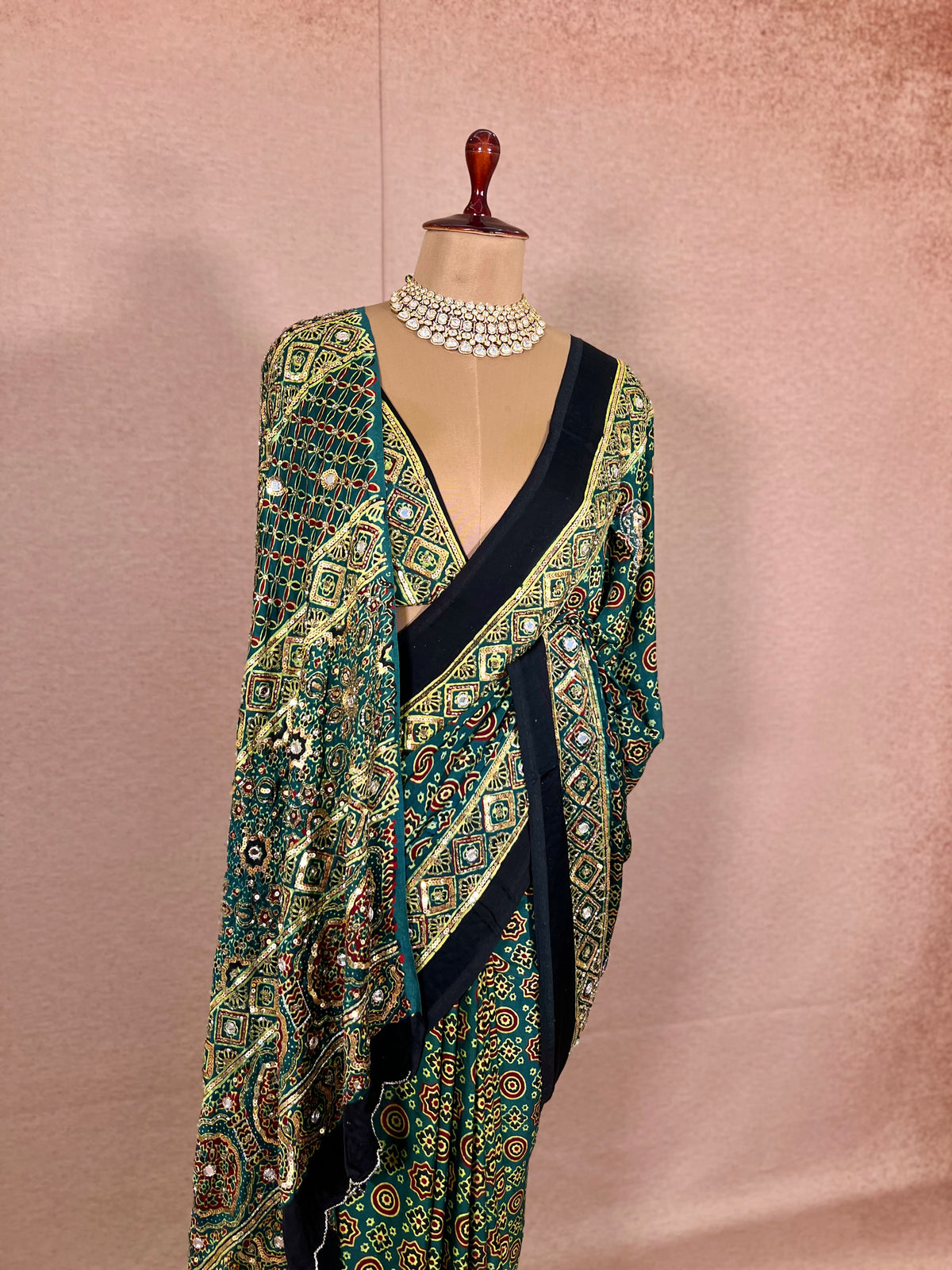 GLITTER ALLURE - Pure Modal Ajrakh Hand Embroidered Saree