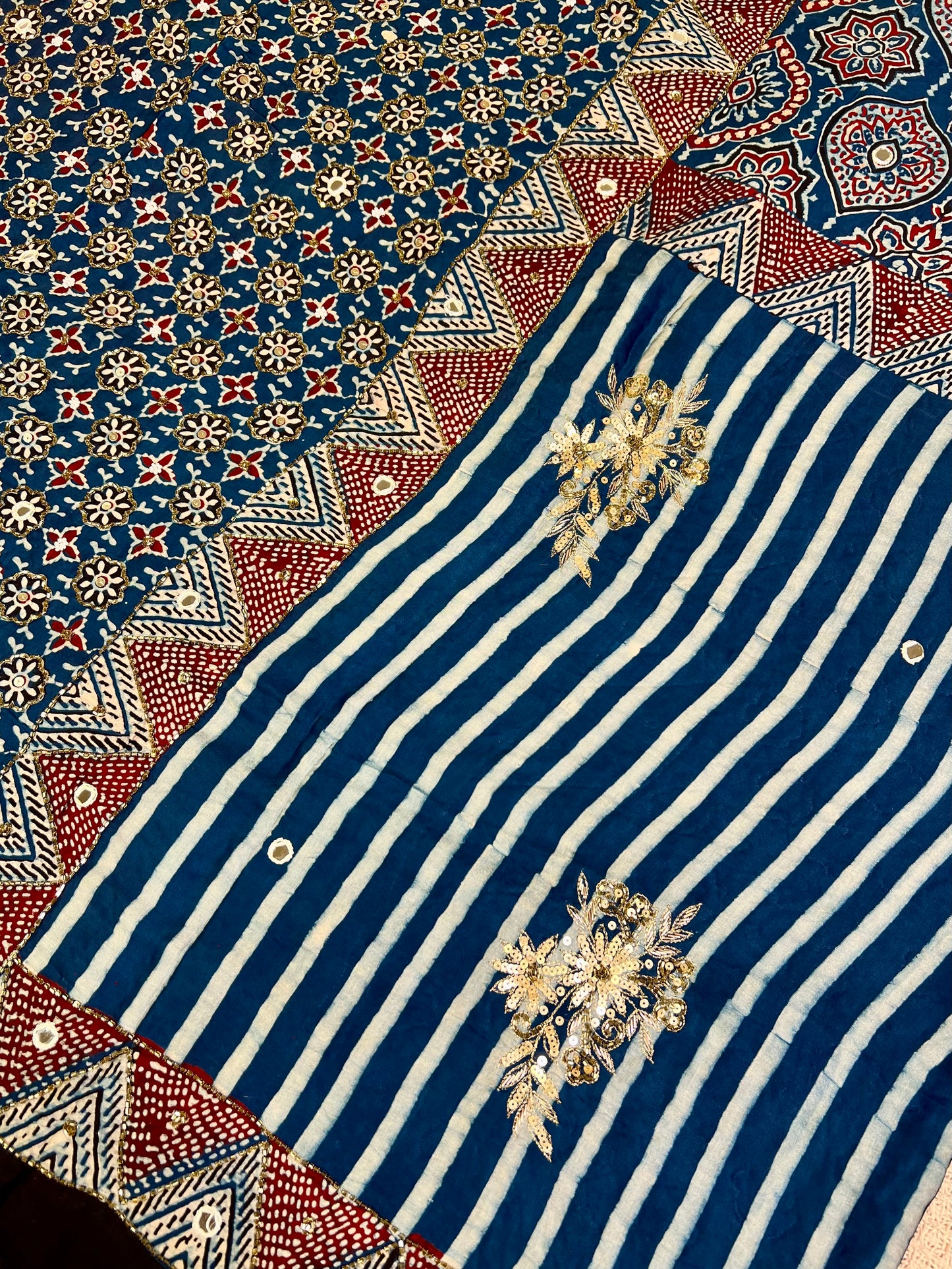INDIGO STARDUST - Pure Modal Ajrakh Hand Embroidered Saree