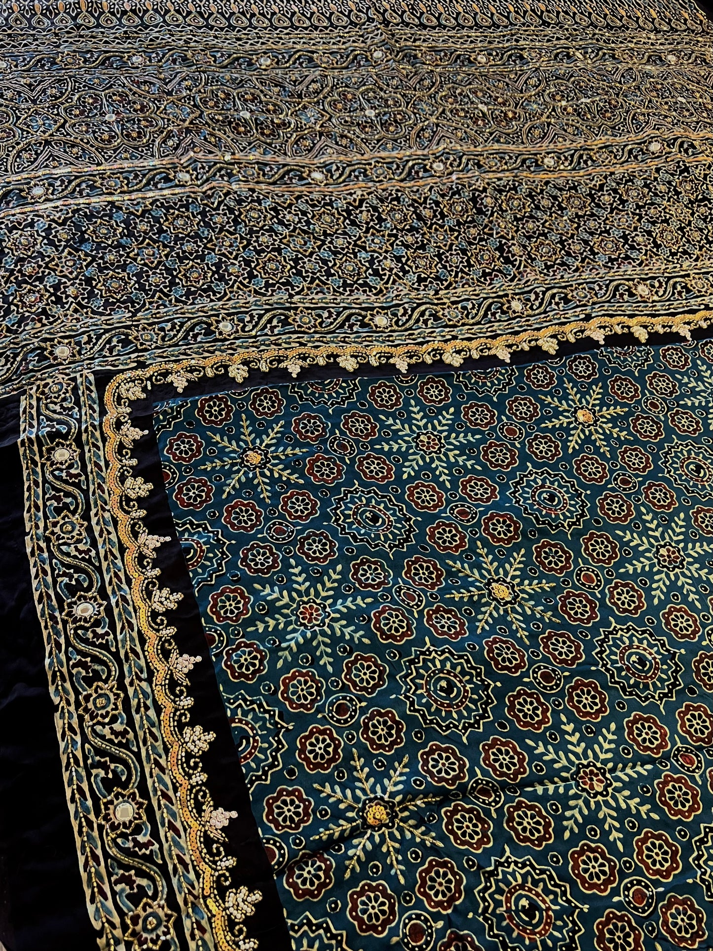 OCEAN MIST - Pure Modal Ajrakh Hand Embroidered Saree