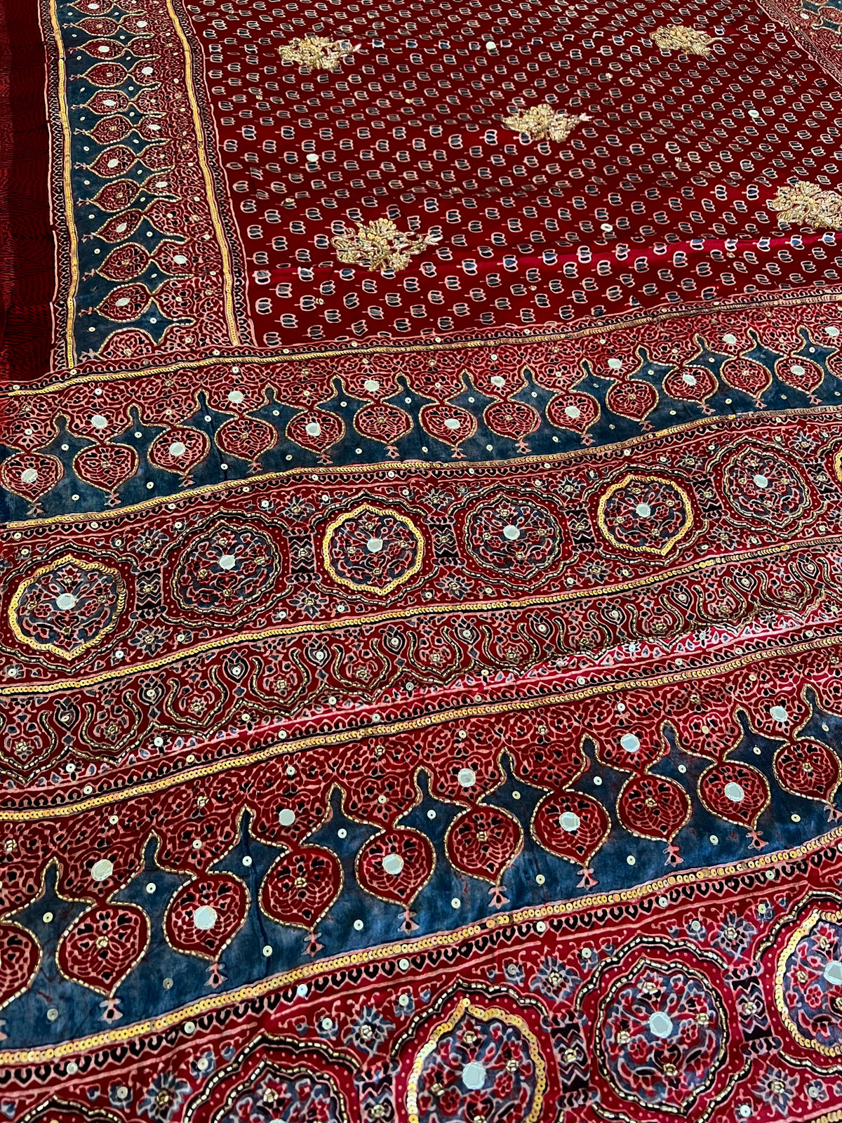 SECRET GARDEN - Pure Modal Ajrakh Hand Embroidered Saree