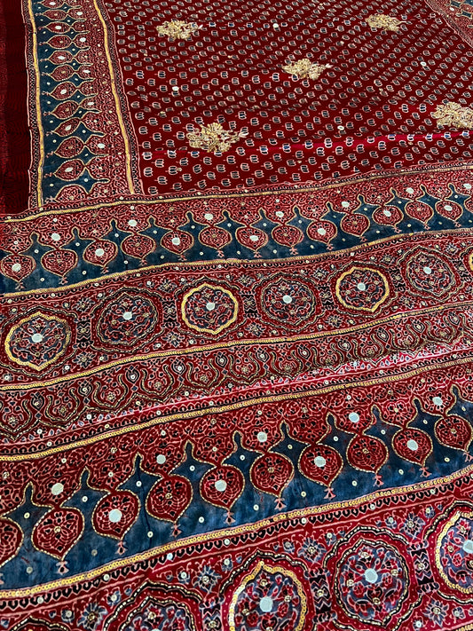 SECRET GARDEN - Pure Modal Ajrakh Hand Embroidered Saree