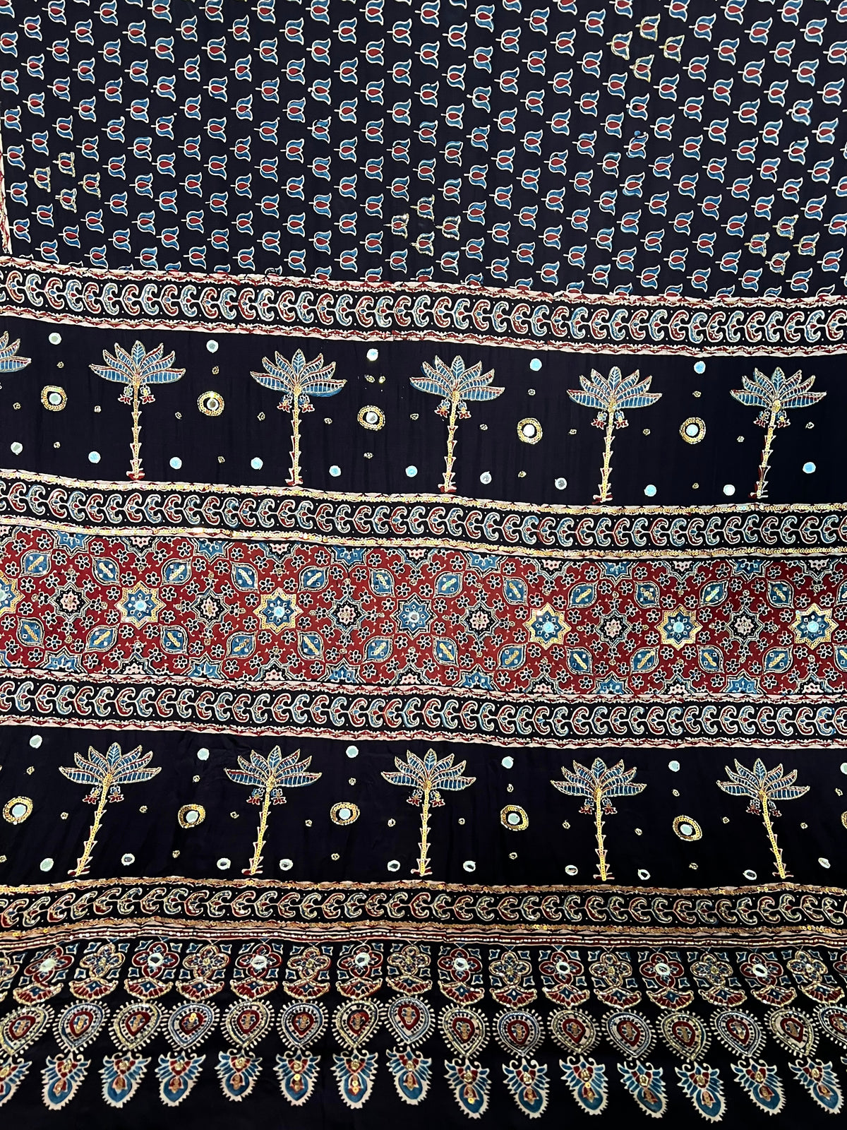 EBONY BLOSSOM - Pure Modal Ajrakh Hand Embroidered Saree