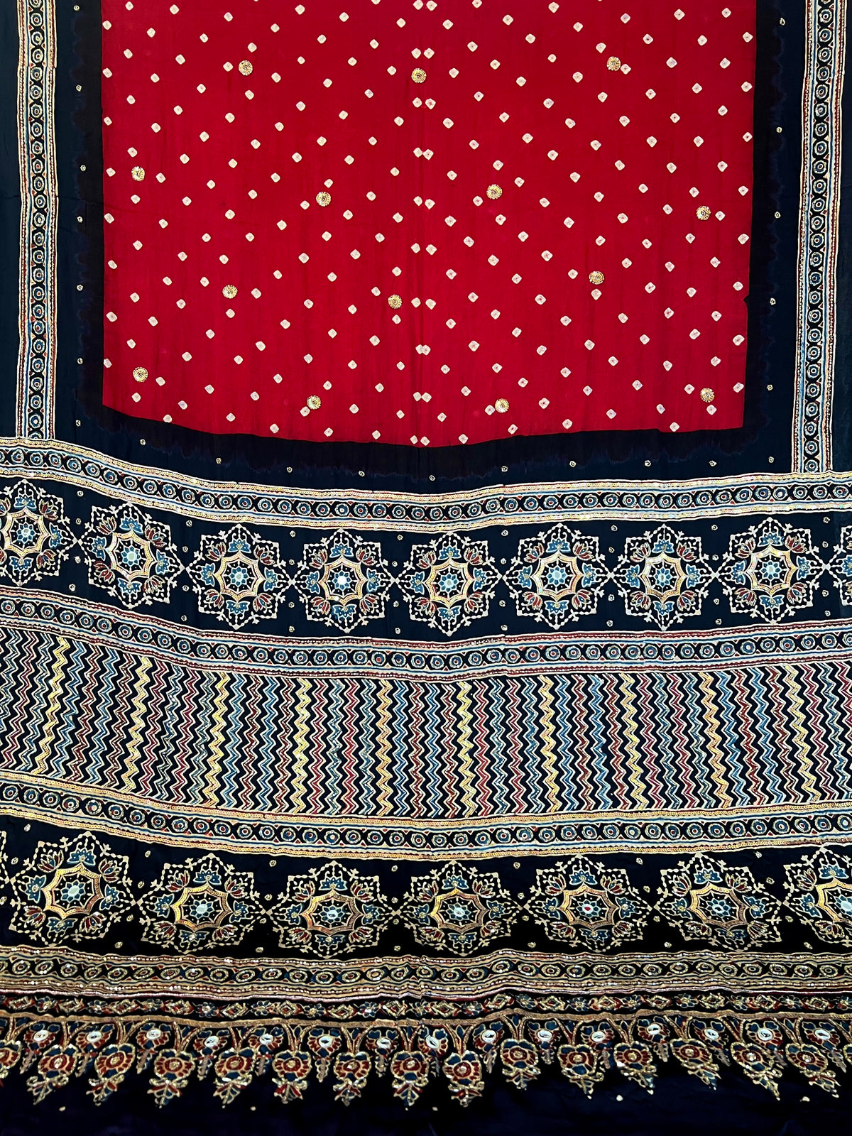 RED DECADENCE - Pure Modal Bandhani Ajrakh Hand Embroidered Saree