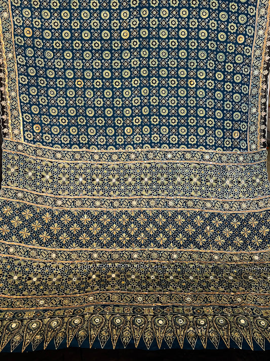 AQUAMARINE MUSE - Pure Modal Ajrakh Hand Embroidered Saree