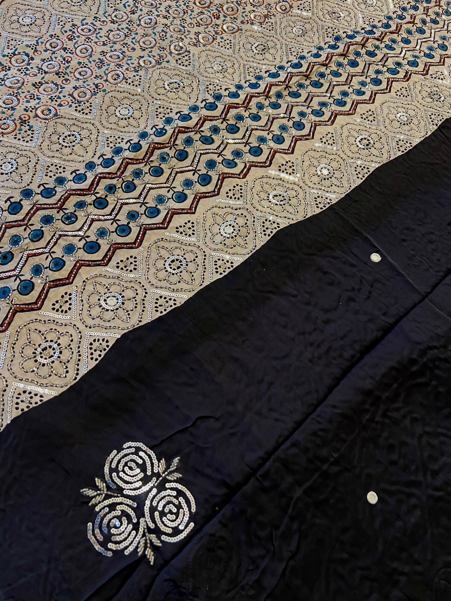 MOONLIT ROSE - Pure Modal Ajrakh Hand Embroidered Saree