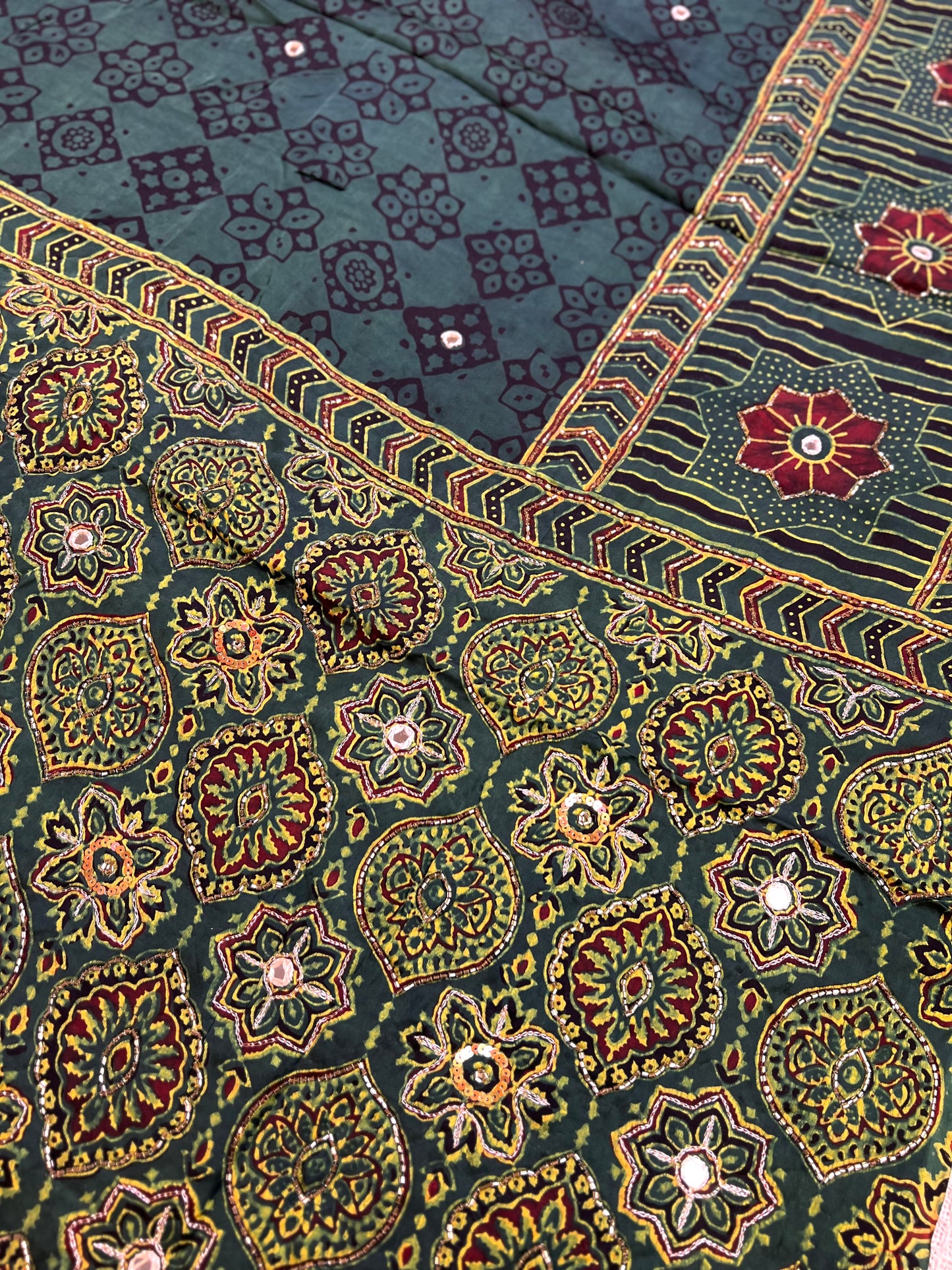 FOREST MIST - Pure Modal Ajrakh Hand Embroidered Saree