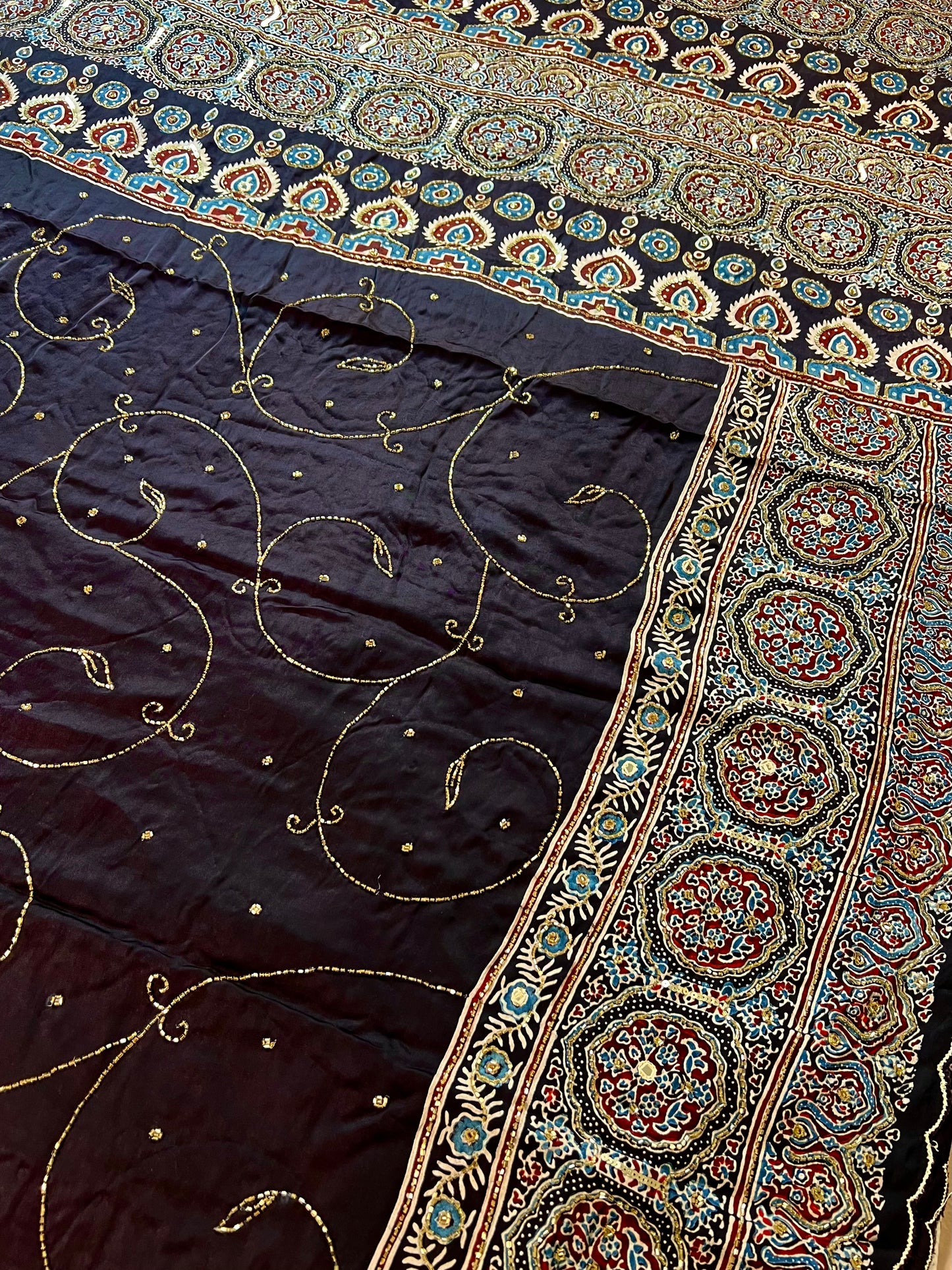 MIDNIGHT SHIMMER - Pure Modal Ajrakh Hand Embroidered Saree