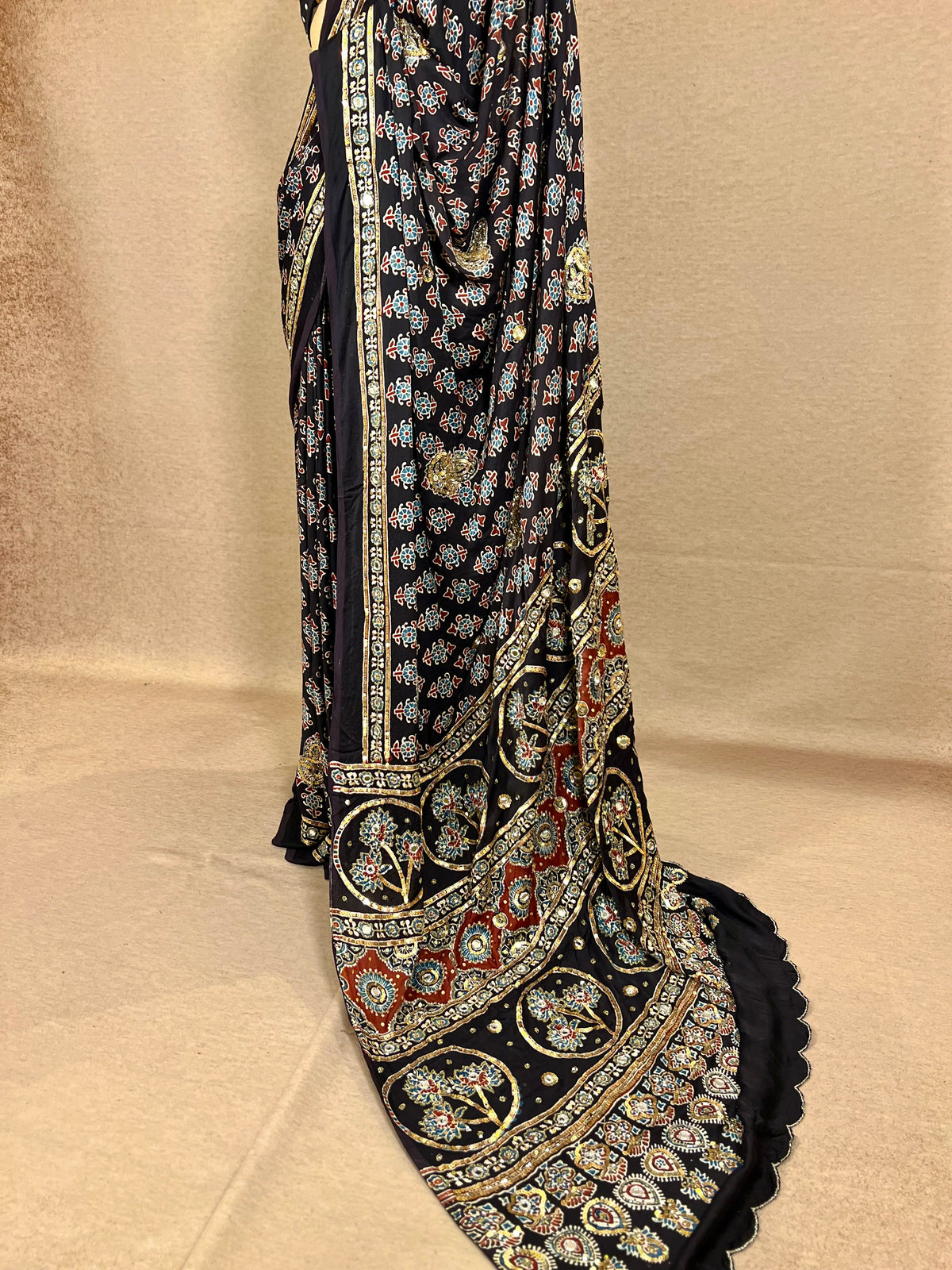 SPARKLE BLOOM - Pure Modal Ajrakh Hand Embroidered Saree