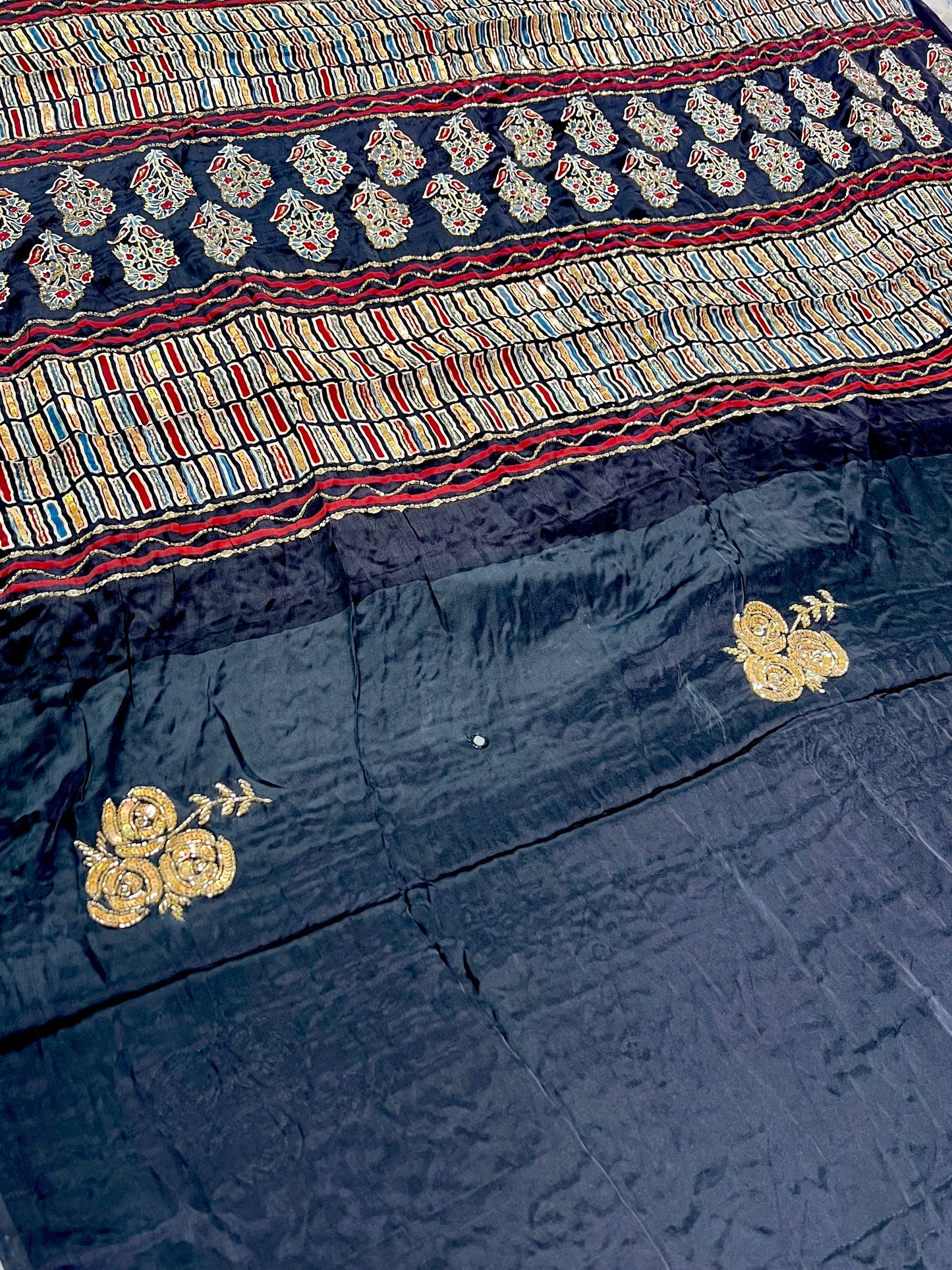NIGHT ROSE - Pure Modal Ajrakh Hand Embroidered Saree