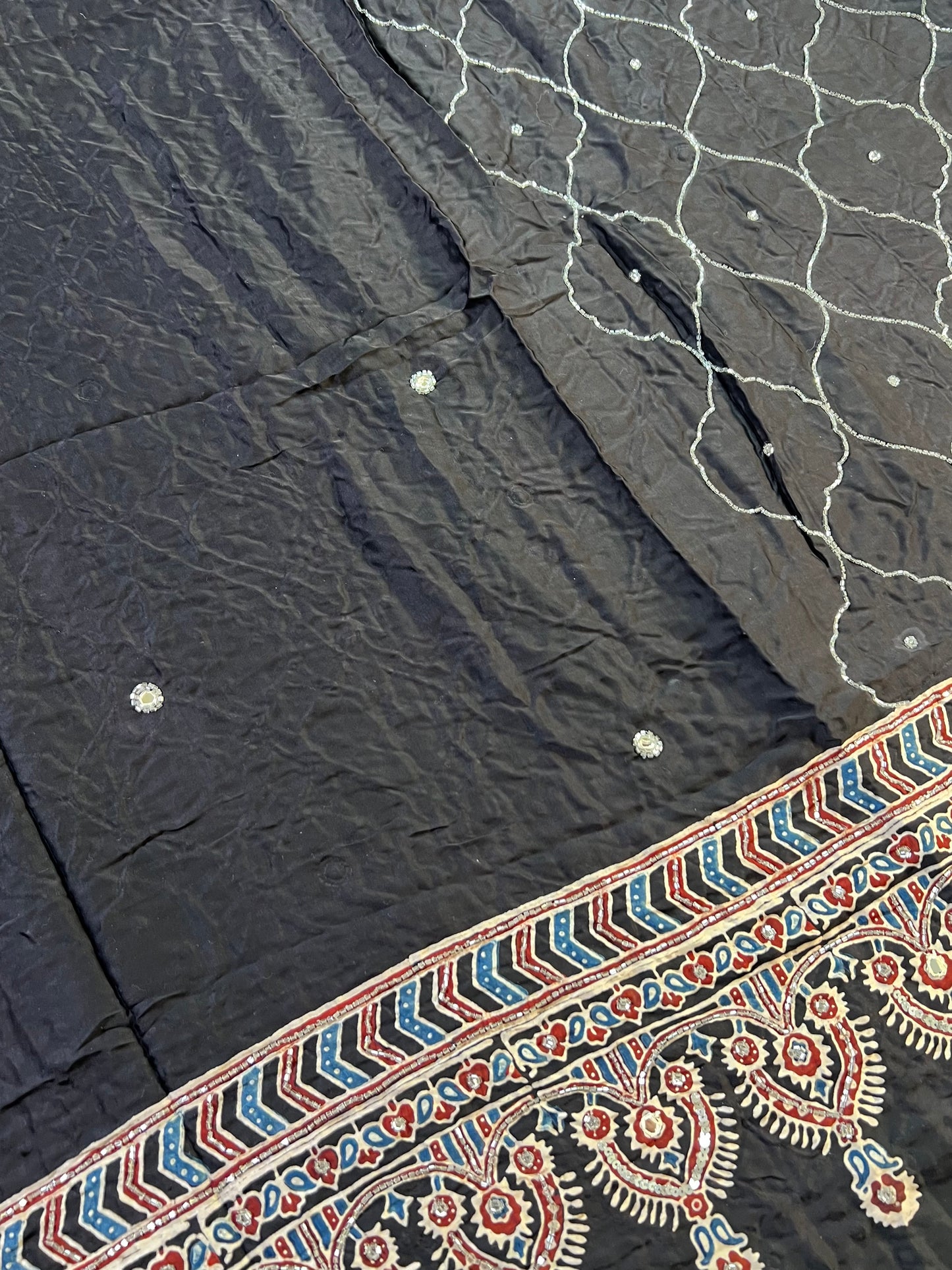 STARLIT NIGHT - Pure Modal Ajrakh Hand Embroidered Saree