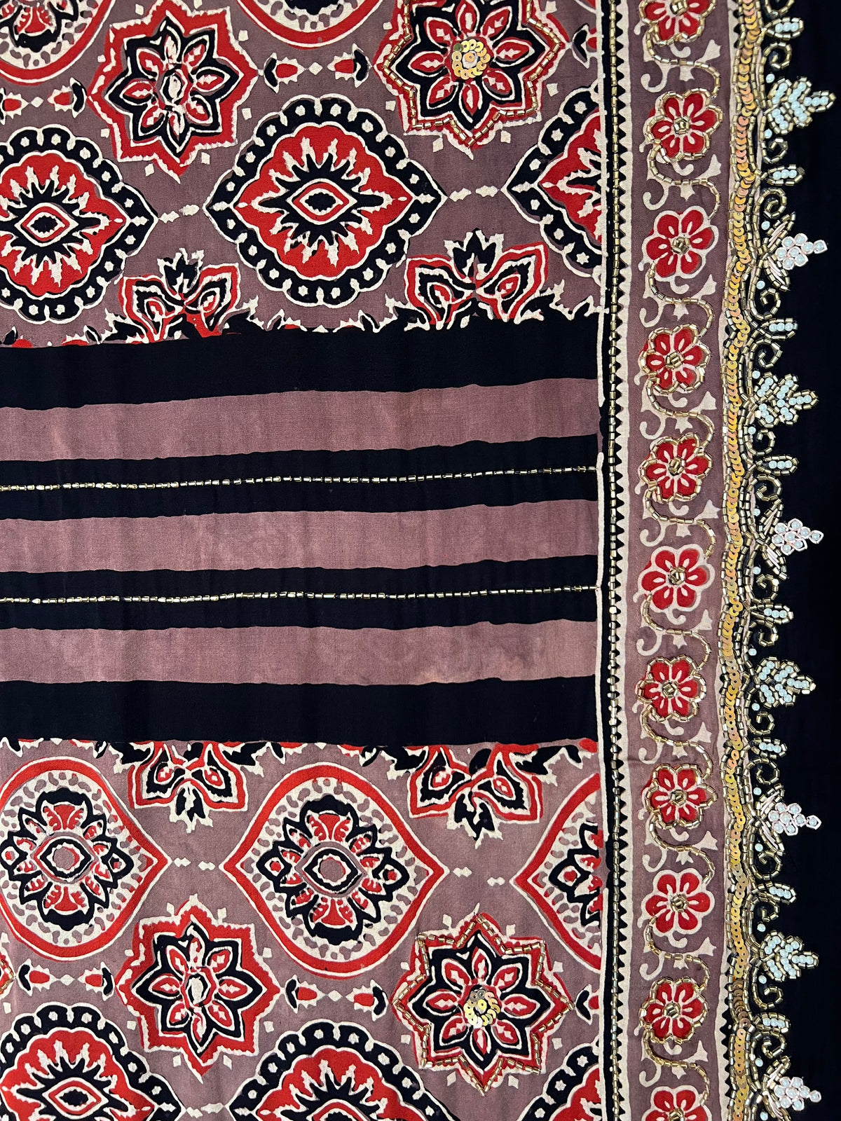 CHESTNUT DREAM - Pure Modal Ajrakh Hand Embroidered Saree