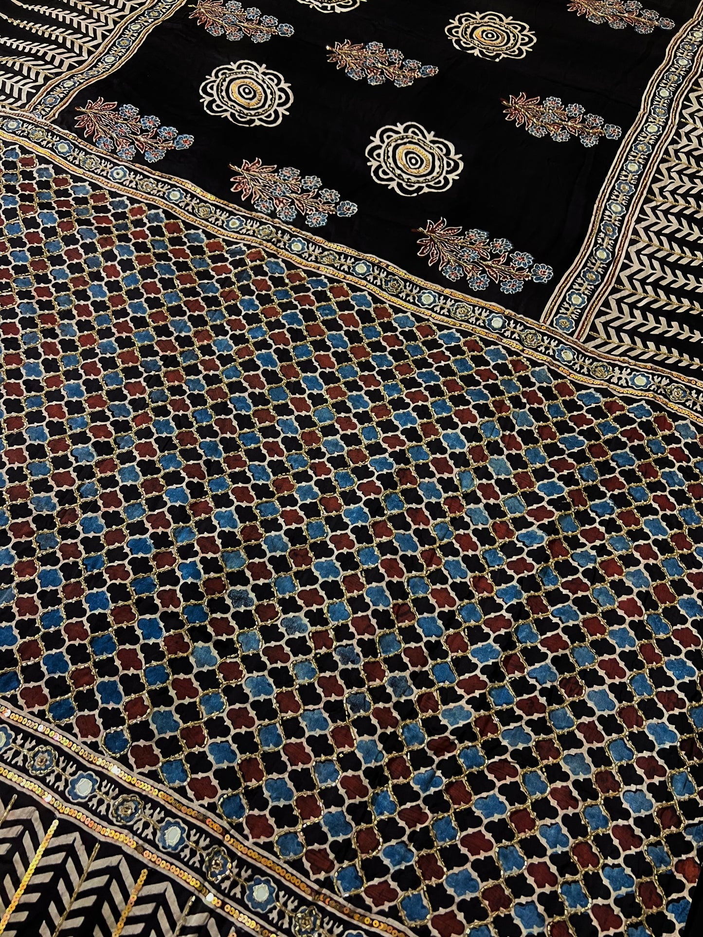 NIGHT BLOSSOM - Pure Modal Ajrakh Hand Embroidered Saree